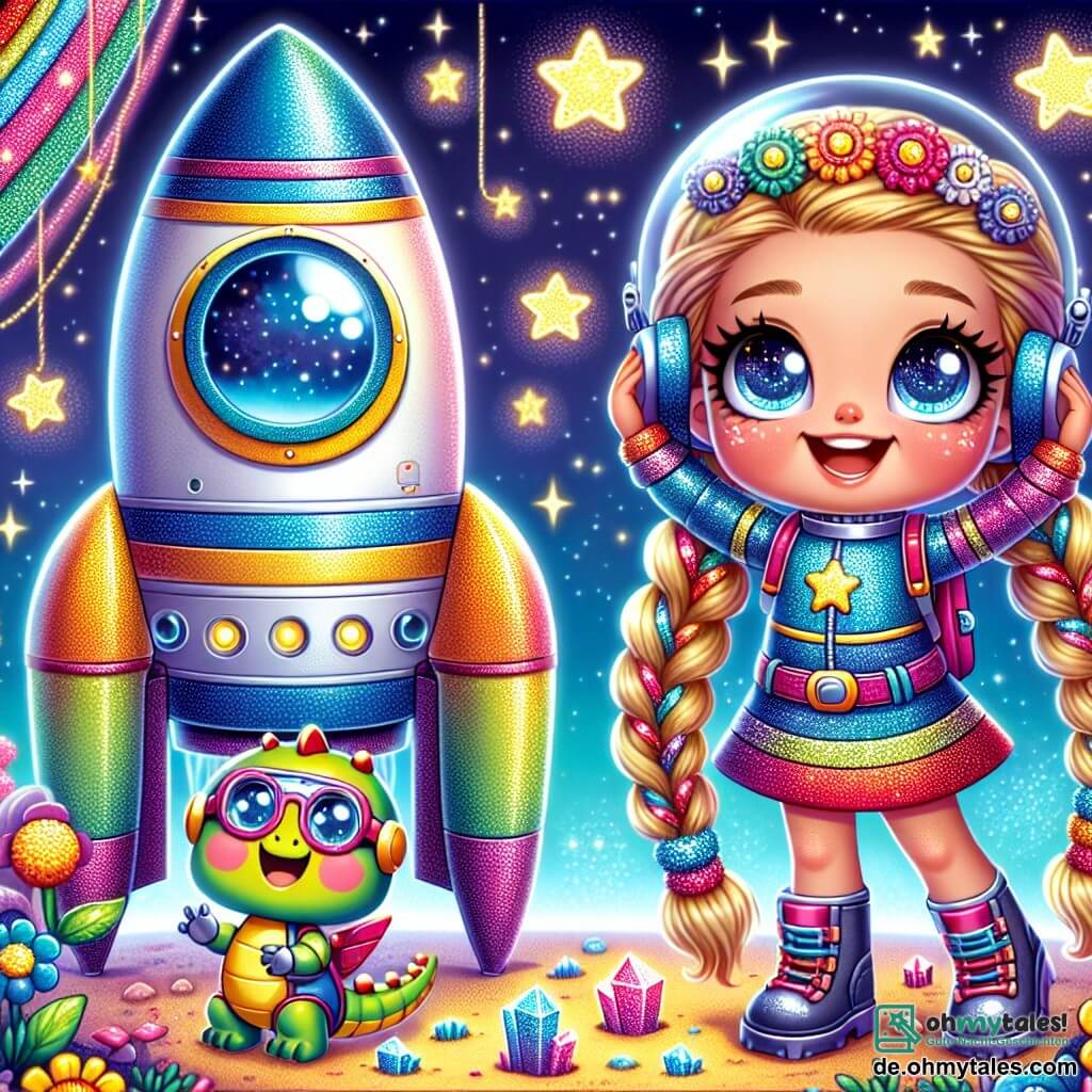 Lina, eine junge Frau mit großen, strahlenden Augen und in einen bunten Regenbogen geflochtenen Haaren, lächelt voller Staunen, während sie neben ihrer wunderschönen Rakete steht. Sie trägt einen glitzernden Raumanzug und passt ihre Brille auf der Nase an, voller Aufregung für das bevorstehende Abenteuer. Neben ihr springt Diko, ein kleiner, lebhaft gefärbter Dinosaurier-Roboter mit beweglichen Armen und einem freundlichen Gesicht, vor Freude und seine leuchtenden Augen funkeln vor Begeisterung. Im Hintergrund ist der Boden eines kleinen Planeten mit bunten Blumen und funkelnden Kristallen bedeckt, während Sterne in einem tiefen, sternenklaren Himmel leuchten. Die Hauptsituation zeigt Lina und Diko bereit, diesen neuen magischen Ort zu erkunden, umgeben von der Schönheit des Weltraums, mit funkelnden Sternen und fernen Planeten im Hintergrund, was ihre Freude und Neugier auf die bevorstehenden Abenteuer veranschaulicht.