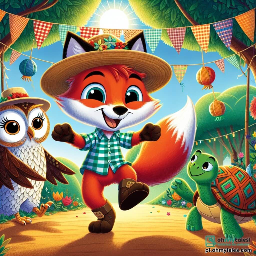 Um raposo chamado Fifi, com pelagem ruiva brilhante e grandes olhos curiosos, dança alegremente no meio de uma clareira ensolarada, vestindo uma camisa xadrez e um chapéu de palha. Ao seu lado, uma coruja sábia chamada Olívia, com penas brancas e marrons, sorri batendo as asas, enquanto uma tartaruga chamada Tico, com uma carapaça verde e olhos travessos, aplaude lentamente enquanto se move pelo chão. A clareira é decorada com fitas coloridas e lanternas feitas à mão, cercada por árvores verdes e flores vibrantes. A cena mostra Fifi e seus amigos celebrando uma festa de São João, cheia de risos, música e alegria, com animais da floresta dançando ao redor deles.