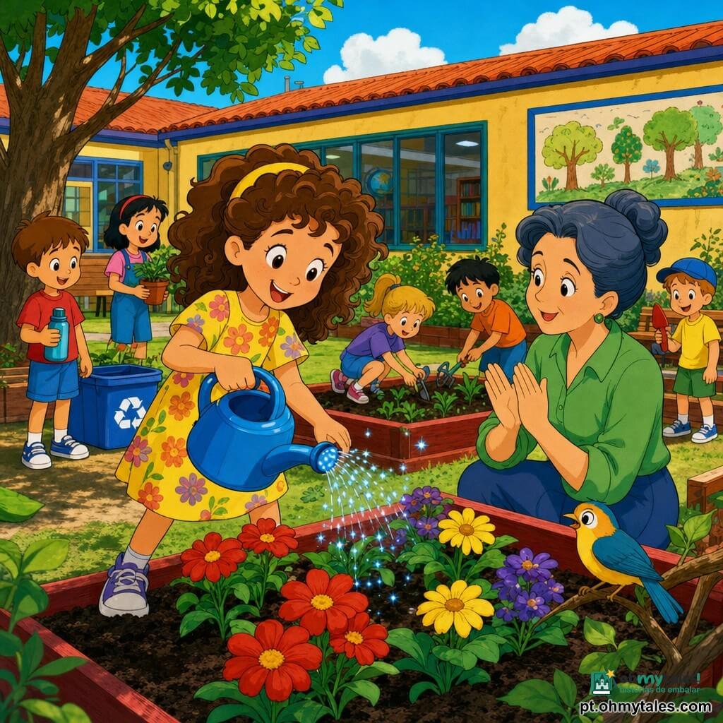 Mia, 6 anos, sorridente, cabelo castanho cacheado, vestido amarelo florido, com regador azul regando um canteiro colorido; Dona Clara, cerca de 35 anos, cabelo grisalho preso em coque, bata verde, ao lado aplaudindo com olhar gentil; várias crianças (5–7 anos) ao fundo com roupas vivas, ajudando e brincando com garrafas reutilizáveis e pequenas ferramentas; um pássaro pequeno e colorido pousado em um galho perto do canteiro; jardim escolar ensolarado com solo escuro, bordas de madeira vermelhas, flores vermelhas, amarelas e roxas, bancos, lixeira azul, biblioteca com grande janela e cartaz; cena calorosa de jardinagem coletiva, cores saturadas, estilo desenho animado anos 90, iluminação matinal e sombras suaves.