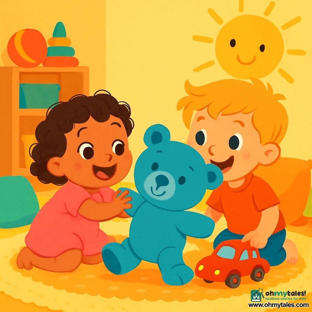 A 2-year-old girl named Mila, with big bright eyes and curly hair, joyfully smiles while playing on a soft, fluffy rug. She pushes a large blue teddy bear with a friendly face and open arms, laughing heartily. Her 4-year-old brother, Sam, stands beside her with messy blonde hair and a mischievous smile, holding a shiny red toy car. He looks at Mila with amusement, ready to make his car zoom. The scene takes place in a colorful room filled with toys, with yellow-painted walls and multicolored cushions scattered around. A large paper sun shines on the wall, adding a cheerful touch to the atmosphere. Mila and Sam are having fun making the bear and the car dance, creating a joyful mess while laughing and playing together, surrounded by their toys.