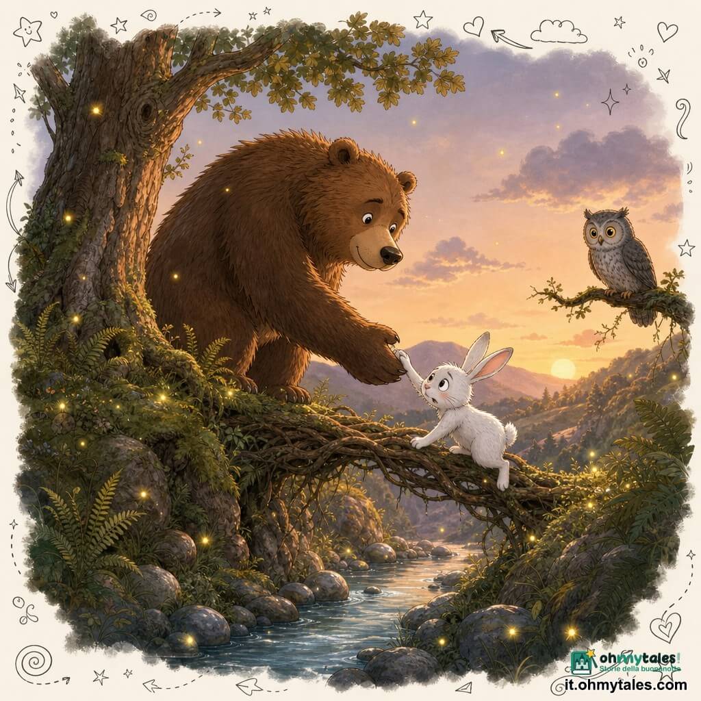 Un grande orso bruno di nome Berto, dal pelo folto e gli occhi dolci, porge una grande zampa per aiutare un piccolo coniglio bianco chiamato Bianco ad attraversare un ponte di radici tra due colline sopra un ruscello limpido; una civetta grigia di nome Mirtilla è posata su un ramo basso a destra e osserva la scena; sullo sfondo muschio, felci, sassi lucenti, lucciole e una grande quercia sulla riva sinistra al crepuscolo, luce calda e atmosfera rassicurante.