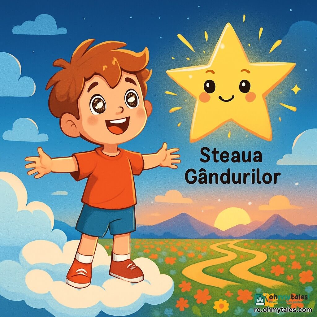 Un băiat de 6 ani, Luca, cu părul castaniu deschis și ochi strălucitori, stă pe un nor pufoș, zâmbind și cu brațele deschise, uimit de peisaj. Lângă el, Steaua Gândurilor, o stea luminoasă cu străluciri aurii și ochi blânzi, plutește în aer, iluminând fața lui Luca cu o lumină caldă. Cerul este de un albastru profund, presărat cu nori pufoși, iar dedesubt, un câmp vast de flori colorate se întinde până la orizont. La distanță, munți măreți se conturează sub un soare apunând, colorând orizontul în nuanțe de portocaliu și roz. Luca, uimit, se pregătește să exploreze cele trei cărări misterioase care i se oferă, fiecare păzită de un personaj ciudat. Atmosfera este magică și plină de promisiuni, în timp ce vântul blând îi mângâie fața, invitându-l să descopere secretele acestei lumi fermecătoare.