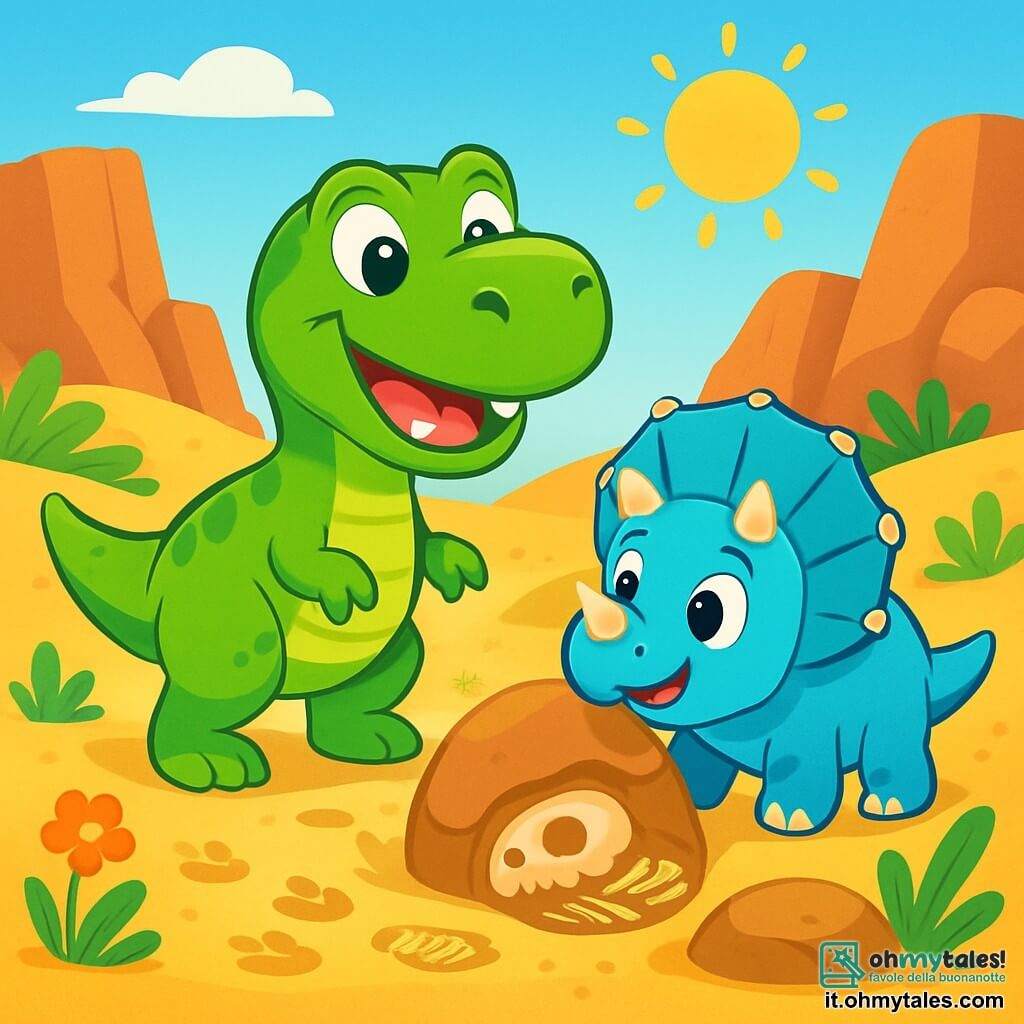 Un giovane Tyrannosaurus Rex di nome Dino, con una pelle verde brillante e occhi scintillanti di curiosità, si trova al centro dell'immagine, mostrando un grande sorriso mentre scopre un nuovo mondo. Alla sua destra, un piccolo triceratopo di nome Trix, con tre corna sulla fronte e una pelle blu chiaro, guarda con meraviglia, gli occhi tondi brillanti di gioia. Lo sfondo è un vasto deserto dorato, punteggiato da imponenti rocce e felci verdi, sotto un cielo blu brillante, dove il sole splende intensamente, creando ombre morbide sulla sabbia. La scena principale mostra Dino e Trix mentre esplorano insieme, con impronte nel sabbia e fiori colorati che crescono qua e là, mentre scoprono un antico fossile nascosto dietro una grande pietra.
