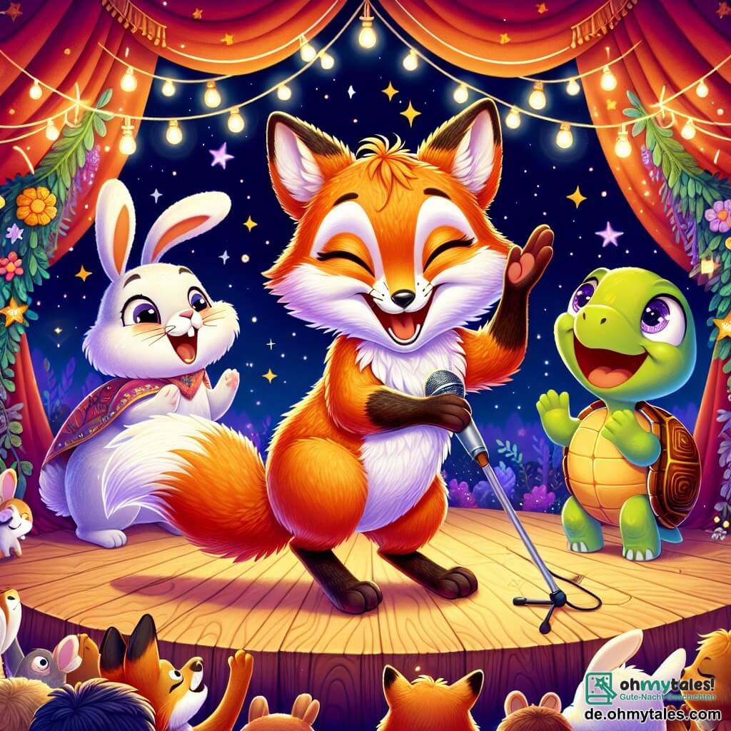 Ein Fuchs mit funkelnden Augen und leuchtend orangefarbenem Fell, mit einem breiten Lächeln und einem entschlossenen Ausdruck, steht auf der Bühne, die Pfoten erhoben mitten in einer komödiantischen Darbietung, umgeben von Lachen und Applaus. Zu seiner Rechten klopft ein kleiner Hase mit großen Ohren und weißem Fell, fröhlich im Takt, während zu seiner Linken eine farbenfrohe Schildkröte mit bewunderndem Blick langsam applaudiert, ermutigt von der Energie des Moments. Die Bühne befindet sich in einer verzauberten Lichtung im Wald, geschmückt mit bunten Blumenkränzen und funkelnden Laternen, unter einem sternenklaren Himmel, der die festliche Atmosphäre erhellt. Der Fuchs erzählt einen Witz und tanzt begeistert, was alle versammelten Tiere beim großen Talentwettbewerb zum Lachen bringt und eine Stimmung von Freude und Freundschaft schafft.