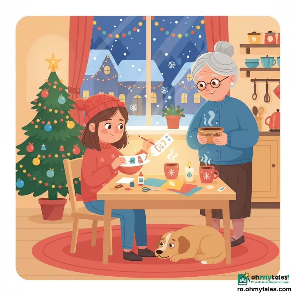 O fată de 10 ani, emoționată și concentrată, cu părul șaten tăiat bob și o căciuliță roșie, stă la o măsuță de lemn, ține un creion într-o mână și repară o ghirlandă de hârtie cu cealaltă, decorând fiecare bucată reparată cu mici desene; o bunică de circa 70 de ani, zâmbitoare cu șuvițe cenușii, stă puțin în spate ținând un bol de ciocolată caldă și o privește mândră; un câine de talie medie, blană bej, este culcat lângă scaun cu capul pe lăbuțe; bucătăria caldă e decorată pentru Crăciun — masă acoperită cu hârtii colorate, foarfece, lipici, cești cu ciocolată aburindă, lumânări aprinse și un brăduț luminat; prin fereastră se vede noaptea de iarnă cu fulgi și ghirlande luminoase; lumină aurie cade peste mâinile fetei și ghirlanda întinsă în arc pe masă.