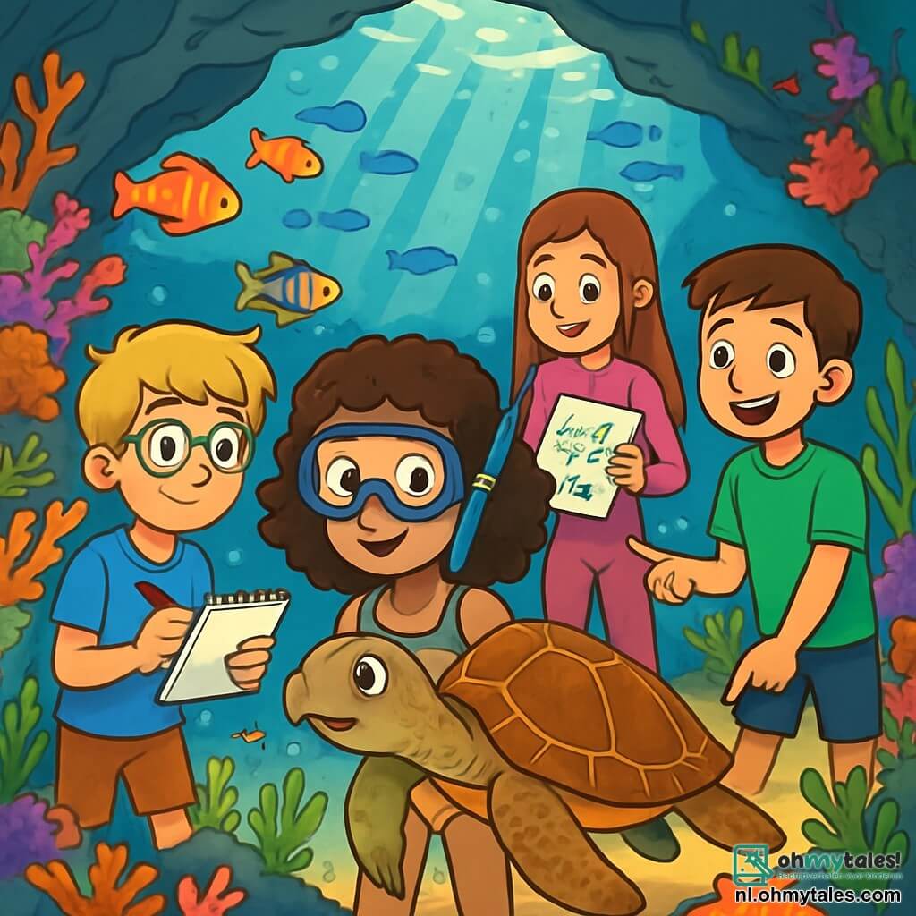 Er zijn 4 kinderen: Emma, een 11-jarig meisje met krullend bruin haar, in een kleurrijk zwemkostuum en een duikmasker, staat in het midden en kijkt verwonderd naar een grote zeeschildpad. Max, een 12-jarige jongen met een bril en rommelig blond haar, draagt een blauwe t-shirt en shorts, staat links van Emma met een notitieboekje en observeert de kleurrijke vissen om hen heen. Lisa, een 11-jarig meisje met lang, steil haar in een roze duikpak, staat rechts van Emma en tekent zeedieren op een drijvend vel papier. Tom, een 12-jarige jongen met kort bruin haar in een groen t-shirt en shorts, staat iets verder naar achteren, glimlachend en wijzend naar een prachtige zeester op de zandbodem. De scène speelt zich af in een prachtige onderwatergrot, verlicht door lichtstralen die door het heldere water filteren, met kleurrijke koraalmuren en zwermen glinsterende vissen die vrolijk rond de kinderen zwemmen. Ze ontdekken samen een fascinerende onderwaterwereld, verwonderd door de schoonheid van het zeeleven om hen heen.