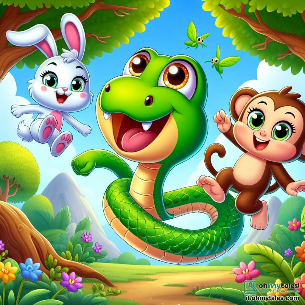 Un serpente di nome Serpillo, con squame verdi brillanti e occhi pieni di curiosità, si infiltra allegramente tra gli alberi della foresta incantata, con un grande sorriso sul volto. Accanto a lui, Gigo, un coniglietto dalle grandi orecchie bianche, salta con entusiasmo, i suoi occhi rotondi pieni di eccitazione, mentre Pina, una scimmietta dal pelo marrone e dagli occhi maliziosi, dondola felicemente da un ramo all'altro, ridendo di cuore. La scena si svolge sotto un cielo blu chiaro, circondata da alberi maestosi con foglie verdi brillanti, e fiori colorati che punteggiano il terreno. I tre amici stanno cercando delle banane scomparse, con espressioni divertite e determinate, formando un quadro gioioso e dinamico di amicizia e avventura.