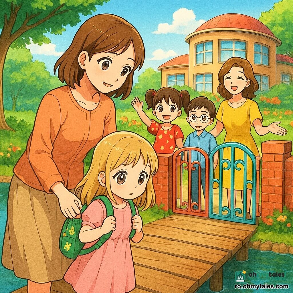 O fetiță de circa 6 ani, timidă dar curioasă, cu păr blond până la umeri și rucsac verde cu iepurași, ținându-și mama de mână pe un pod de lemn scârțâitor; mama zâmbitoare cu păr șaten o ghidează; Daria, energică, cu codițe și rochie roșie cu buline albe, așteaptă la poarta colorată cu mâna pe balustradă; Vlad, băiat timid dar prietenos, cu ochelari și cămașă albastră, stă lângă Daria zâmbind; o învățătoare în rochie galbenă deschide poarta primitoare către o curte înflorită; peisaj: un iaz oglinditor înconjoară o insulă-școală rotundă, ferestre mari reflectă apa; atmosferă: prima zi de școală, lumina caldă a dimineții, culori saturate, expresii tip manga și dispoziție optimistă și prietenoasă.
