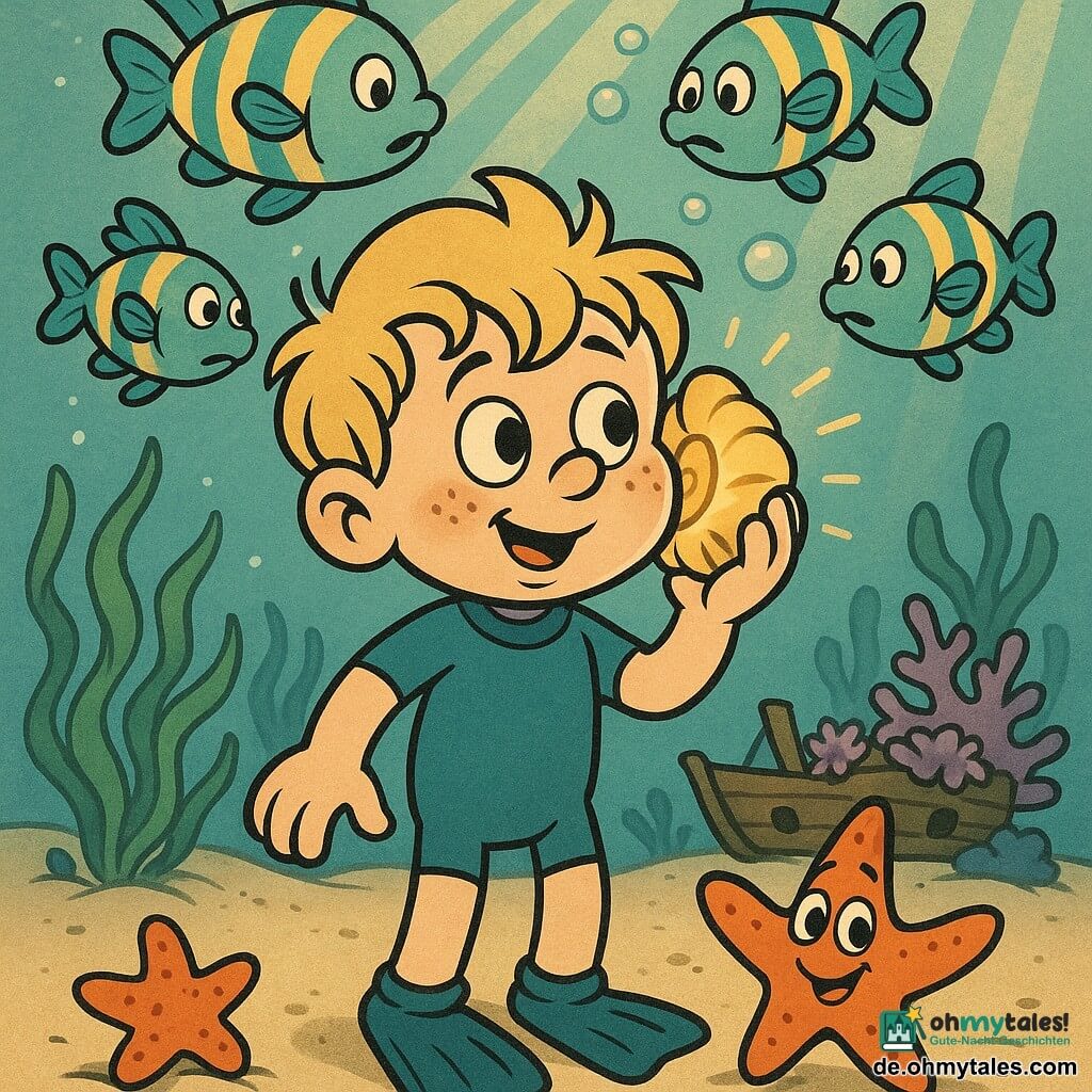 Ein 6-jähriger Junge, rundes Gesicht mit Sommersprossen, zerzauste blonde Haare, erstaunt-mutiger Ausdruck, trägt einen blauen Taucheranzug und hält eine golden schimmernde Muschel ans Ohr; ein leuchtend orangefarbener Seestern mit großen freundlichen Augen winkt ihm vom Sand zu; ein Schwarm türkis-gelb gestreifter Fische kreist schützend über ihm und bläst glänzende Blasen; die Szene spielt auf einem hellen Meeresgrund mit feinem cremefarbenem Sand, wiegenden grünen Seegräsern, einem korallenbedeckten Holzwrack im Hintergrund und goldenen Sonnenstrahlen, die durchs Wasser fallen.