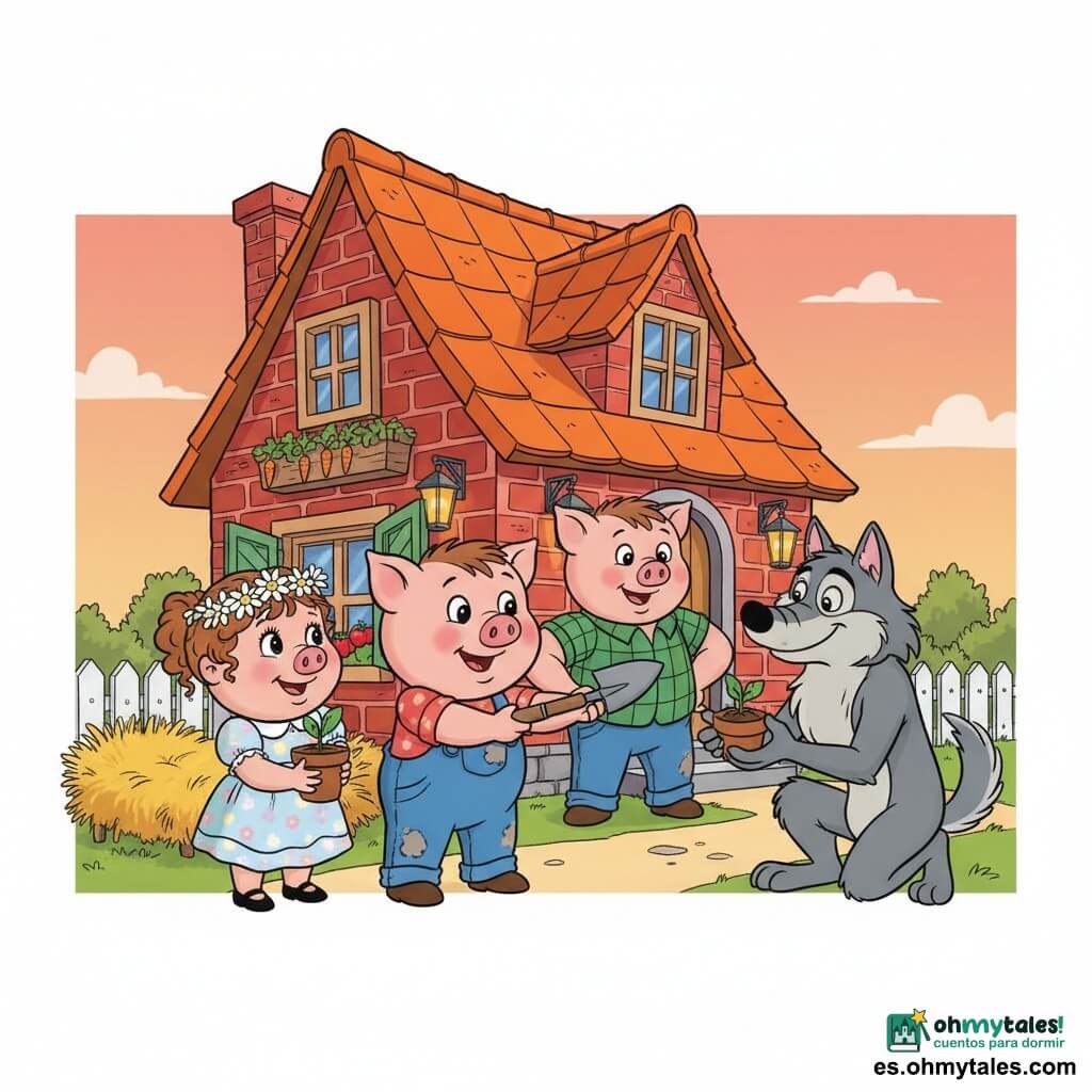 Ramón, uno de los Tres Cerditos, niño, cerdo rosa de hocico redondo con peto azul manchado de mortero, sonrisa cálida y ojos vivaces, ofrece una palita ante la puerta de su casa de ladrillo; Eliana, la cerdita, niña, vestido de flores pastel, rizos con corona de margaritas, sostiene una maceta y mira a Ramón con asombro junto a un parterre de paja; Ignacio, el cerdito del medio, niño, camisa de franela verde, brazos fuertes y aire protector, apoya una azada en el marco de la puerta listo para ayudar; el Lobo, grande pero menos amenazante, pelaje gris sedoso y mirada suavizada, se arrodilla proponiendo una pequeña planta de hortaliza en gesto humilde y amistoso junto al sendero. Lugar: frente a una casa de ladrillo rojo con tejado de tejas naranjas, huerto con hileras de zanahorias y tomates, valla blanca, cielo al atardecer en tonos melocotón, farolillos colgantes y flores silvestres. Escena: reconciliación alegre — sonrisas, intercambio de plantas y herramientas, cooperación, atmósfera luminosa, estilo cartoon años 90 con trazos definidos y sombras suaves.