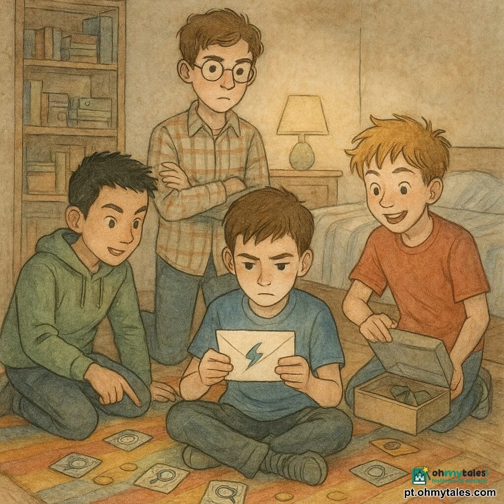 Há quatro personagens: Tomás, 12 anos, cabelos castanhos curtos, camiseta azul, sentado no centro do tapete segurando um envelope branco com um pequeno relâmpago azul; Rui, 11 anos, cabelo preto, moletom verde, ajoelhado à esquerda perto de uma estante apontando para cartas caídas; Bernardo, 12 anos, cabelo castanho, óculos redondos, camisa xadrez, em pé atrás de Tomás com braços cruzados, expressão séria e curiosa; Tiago, 11 anos, cabelo loiro despenteado, camiseta vermelha, à direita de Tomás levantando levemente a tampa de uma caixa de jogo, sorriso impaciente. Lugar: quarto de hóspedes acolhedor ao crepúsculo com cama simples e edredom listrado ao fundo, estante de madeira com jogos e livros, pequena lâmpada acesa no criado-mudo e tapete colorido no chão com peças de jogo e cartas brilhantes espalhadas. Situação: os quatro jovens detetives acabam de descobrir um envelope e cartas cintilantes marcadas com um símbolo de lupa; cena de descoberta coletiva com surpresa, concentração e divertimento, mãos manipulando as cartas, luz suave incidindo nos rostos, destaque para o símbolo da lupa nos cantos das cartas, relâmpago azul no envelope, textura do tecido do tapete e granulação da madeira da estante.