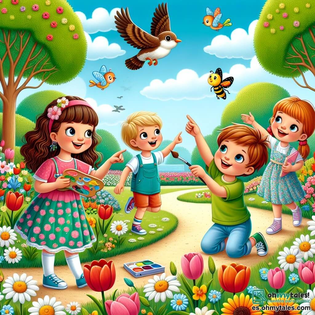 En un parque en plena floración, cuatro niños se divierten juntos. Ana, una niña de 8 años con largos cabellos castaños y un vestido rosa, señala un pájaro que vuela alto en el cielo. A su lado, Pablo, un niño de 9 años con cabello rubio y una camiseta azul, sonríe levantando los brazos para imitar el vuelo del pájaro. Sofía, una niña de 7 años con coletas pelirrojas y una falda de flores, se agacha para observar una abeja que poliniza una flor. Finalmente, Tomás, un niño de 8 años con cabello castaño y un pantalón corto verde, sostiene una paleta de pintura y está a punto de pintar las hermosas flores a su alrededor. El parque está lleno de flores coloridas: tulipanes rojos, narcisos amarillos y margaritas blancas, mientras que árboles verdes bordean el camino. El cielo es de un azul brillante, salpicado de algunas nubes blancas esponjosas. Los niños ríen y juegan juntos, descubriendo la belleza de la primavera y pintando tarjetas con flores, celebrando la alegría de la naturaleza que renace.