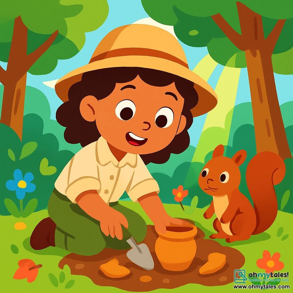 A young archaeologist, Lily, with curly brown hair, wears a large straw hat and a beige blouse. She has a look of wonder and sparkling eyes as she uncovers pottery shards in the ground. Next to her, a small squirrel with bright eyes and reddish fur watches her intently, sitting on its hind legs as if wanting to help her in her quest. The setting is a lush forest with tall trees, vibrant leaves, and sunlight filtering through the branches, illuminating the leaf-covered ground. Colorful flowers dot the ground, adding a touch of magic to the environment. Lily is crouched down, digging with a small shovel, discovering treasures from the past, while the squirrel appears intrigued by the objects she finds.