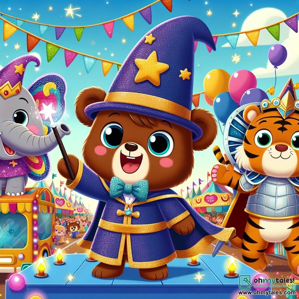 A little brown bear named Benny, with a big smile and sparkling eyes, is dressed as a magician. He wears a shimmering cape and a pointed hat, holding a magic wand in his paw. Next to him, Ellie the elephant, with colorful butterfly wings, dances joyfully, her eyes shining with happiness. Toby the tiger, dressed in cardboard armor, pretends to wield a sword, looking determined and proud. The scene takes place in the heart of a vibrant carnival, with colorful stalls, sparkling lights, and balloons floating in the blue sky. Laughter and music fill the air, creating a festive and joyful atmosphere. Benny, Ellie, and Toby parade on their decorated float, putting on a magical show for an amazed crowd.