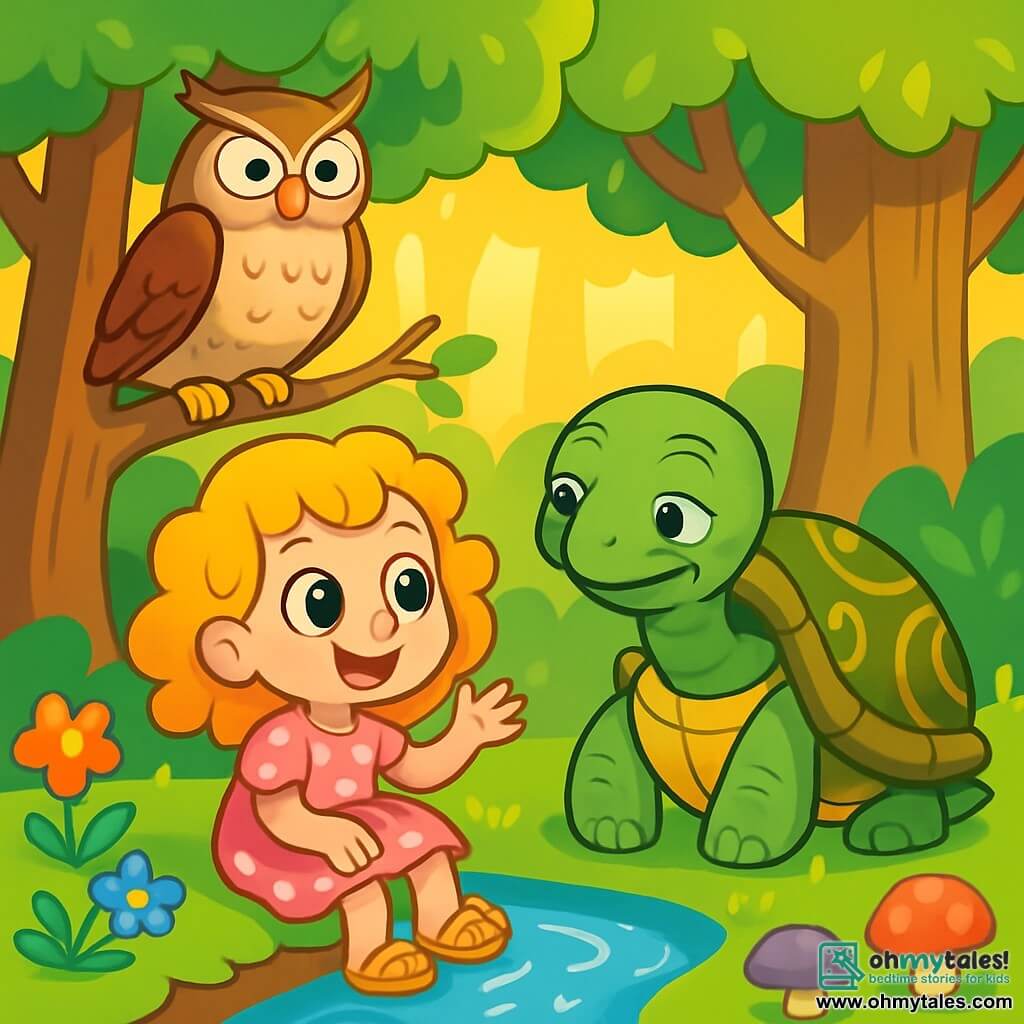 A 4-year-old girl named Lily, with bright big eyes and curly golden hair, smiles in wonder. She wears a pink dress with white polka dots and yellow sandals, sitting by a sparkling stream. Next to her, a wise old turtle with a green shell adorned with golden patterns watches her kindly, his eyes sparkling with wisdom. In the background, a large owl with brown and white feathers perched on a branch observes the scene with a serious yet friendly expression. The setting is an enchanted forest with majestic trees, thick trunks, and vibrant green leaves, allowing golden rays of sunlight to dance on the ground. Colorful flowers and oddly shaped mushrooms dot the ground, adding a touch of magic to the environment. The main scene shows Lily asking the turtle a question, her face lit up with curiosity, while the stream gently sings beside them, creating a peaceful and magical atmosphere.
