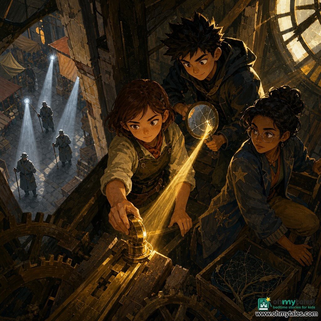 A tense, magical scene inside the dark, dusty interior of an old market clock tower: 12-year-old Mina, determined and freckled with short chestnut hair and rolled sleeves, fits a shiny brass coin into a cavity in the wooden mechanism; about 13-year-old Lark, mischievous and nervous in a dark hooded jacket with spiky hair, leans behind her supporting her and holds a small cracked mirror reflecting golden rays; Sable, ~35, calm and watchful in a long coat with star patches and round glasses, crouches by an open crate with a dark map and twigs, guarding the stairs; three gray-coated surveyors stand below in the market alley as silhouettes, holding staffs with translucent bulbs that cast cold clinical light toward the tower; beams of warm golden light and cold analyzer beams cross as Mina installs a luminous decoy, creating a contrast of warm and cold light and an atmosphere of suspense, ingenuity, and collective protection.