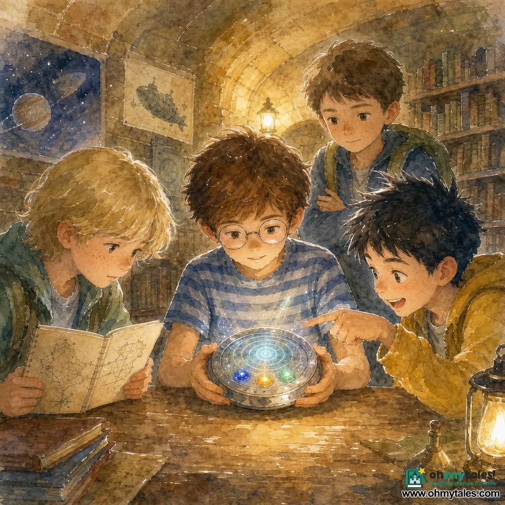 Four children (Milo, ~10, short messy chestnut hair, round glasses, striped blue tee, holding a small silver disk at the center; Jay, ~10, spiky black hair, big grin, yellow jacket, on Milo's right leaning forward and pointing at the spiral screen; Theo, ~10, mid-length blond hair, freckles, holding an open sketchbook showing the map, seated left of Milo; Ben, ~10, short brown hair, calm, green backpack behind him, standing slightly back with hands crossed) gather in an underground library room with ochre brick walls, faded planet and submarine posters, worn wooden table and warm lamp; on the table an open wooden box reveals a glowing silver disk with three colored buttons (blue, amber, green) and a spiraling luminous screen, the scene dimly lit and mysterious.