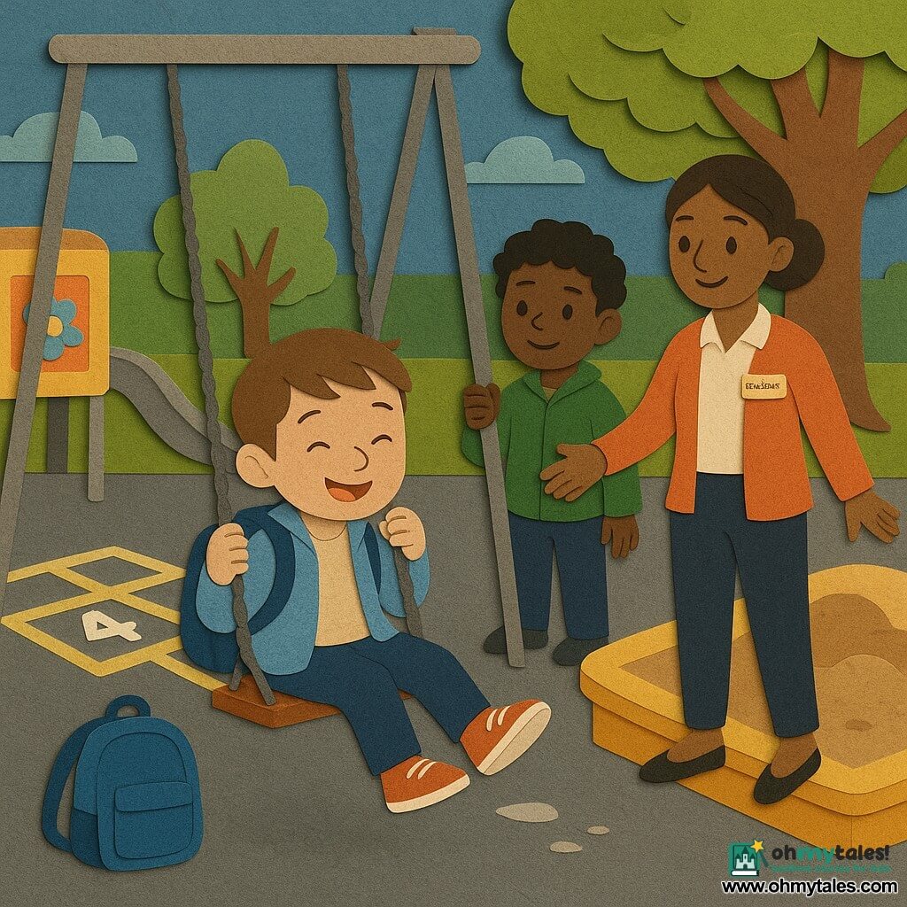 A 6-year-old boy sits on a swing smiling but slightly out of breath, short brown hair, light blue jacket, blue backpack on the ground, shiny squeaky shoes, gently pushing with his feet as he starts to get off; another ~6-year-old boy (Ben) with curly black hair and a green jacket waits just behind the swing, hands on the chain and looking grateful; a ~6-year-old girl in a pink jacket with braided hair bounces her feet, smiling and watching; a female teacher (30–40) with hair tied back and a badge reading Ms. Carter stands nearby with open arms, kindly supervising; the playground is a colorful paper-cut style court with two metal swings with textured chains, a silver slide, yellow-and-white hopscotch on gray ground, a sandbox with small mounds, decorated signs and a tree with cutout leaves; the main moment is sharing: the boy jumps off after counting to twenty to give up his spot, a clear scene of transition, waiting and kindness, with bright colors, layered textures, soft shadows and crisp outlines.
