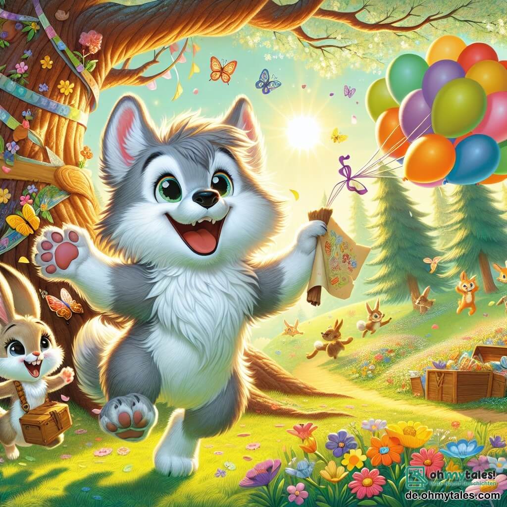 Ein kleiner Wolf namens Wuschel mit weichem grauem Fell und funkelnden Augen steht im Mittelpunkt des Bildes und lächelt breit, während er einen großen Baum mit bunten Blumen und Ballons schmückt. Neben ihm springt sein bester Freund, ein kleiner Hase namens Hopsi mit langen Ohren und hellbraunem Fell, vor Freude und hält eine Schatzkarte in seinen Pfoten, sein Gesicht strahlt vor Aufregung. Im Hintergrund ist eine grüne Lichtung, die vom goldenen Frühlingssonnenlicht erleuchtet wird, umgeben von blühenden Bäumen, schwirrenden Schmetterlingen und bunten Blumen, die im Wind tanzen. Die Szene zeigt Wuschel und Hopsi, die eine große Schatzsuche für ihre Freunde vorbereiten, voller Begeisterung und Kameradschaft in einer fröhlichen und bezaubernden Umgebung.