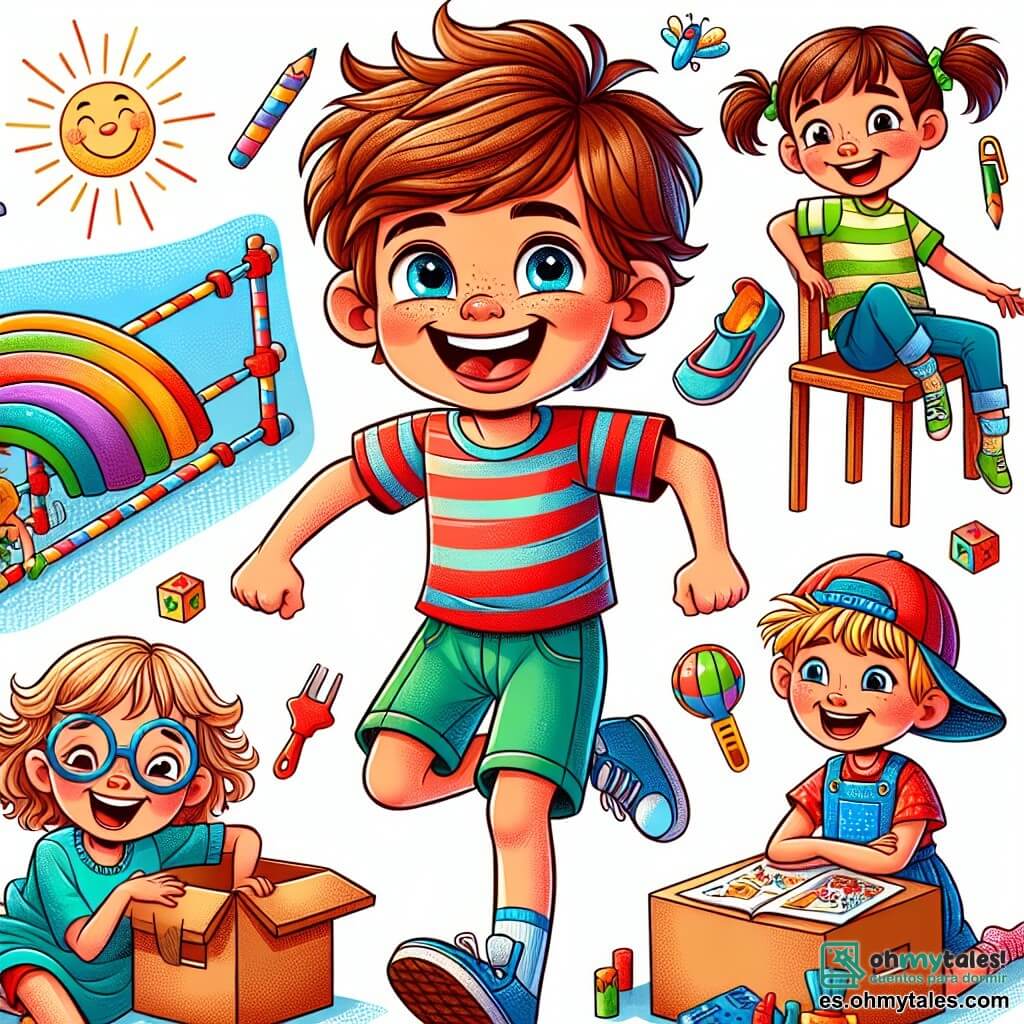 Un niño de 7 años, Pablo, con cabello castaño alborotado y una gran sonrisa, está en el centro de la imagen, riendo a carcajadas mientras cae en una pila de cojines de colores. Lleva una camiseta roja y un pantalón corto azul, y sus ojos brillan de alegría y diversión. A su lado, Clara, una niña de 7 años con una gorra de colores vivos y trenzas, ríe mientras sostiene una gran caja de cartón, lista para usarla como obstáculo. Tiene una mirada traviesa y chispeante. Luis, un niño de 7 años con gafas redondas y cabello rubio, está un poco más atrás, riendo a carcajadas mientras intenta hacer una mueca cómica. Lleva una camiseta a rayas y un pantalón corto verde. Sofía, una niña de 7 años con cabello largo y rizado, está sentada en una silla, sosteniendo un pincel y pintando un gran sol en una pared de cartón. Tiene una sonrisa creativa y concentrada, vistiendo un vestido de flores. La escena tiene lugar en un parque soleado, lleno de vegetación, con un gran roble en el centro y flores coloridas alrededor. Los niños están rodeados de varios objetos de juego: cojines, cajas de cartón y juguetes esparcidos por el césped. La situación principal muestra a los amigos en medio de una carrera de obstáculos improvisada, divirtiéndose al saltar, caer y reír juntos, creando un ambiente alegre y lleno de vida.