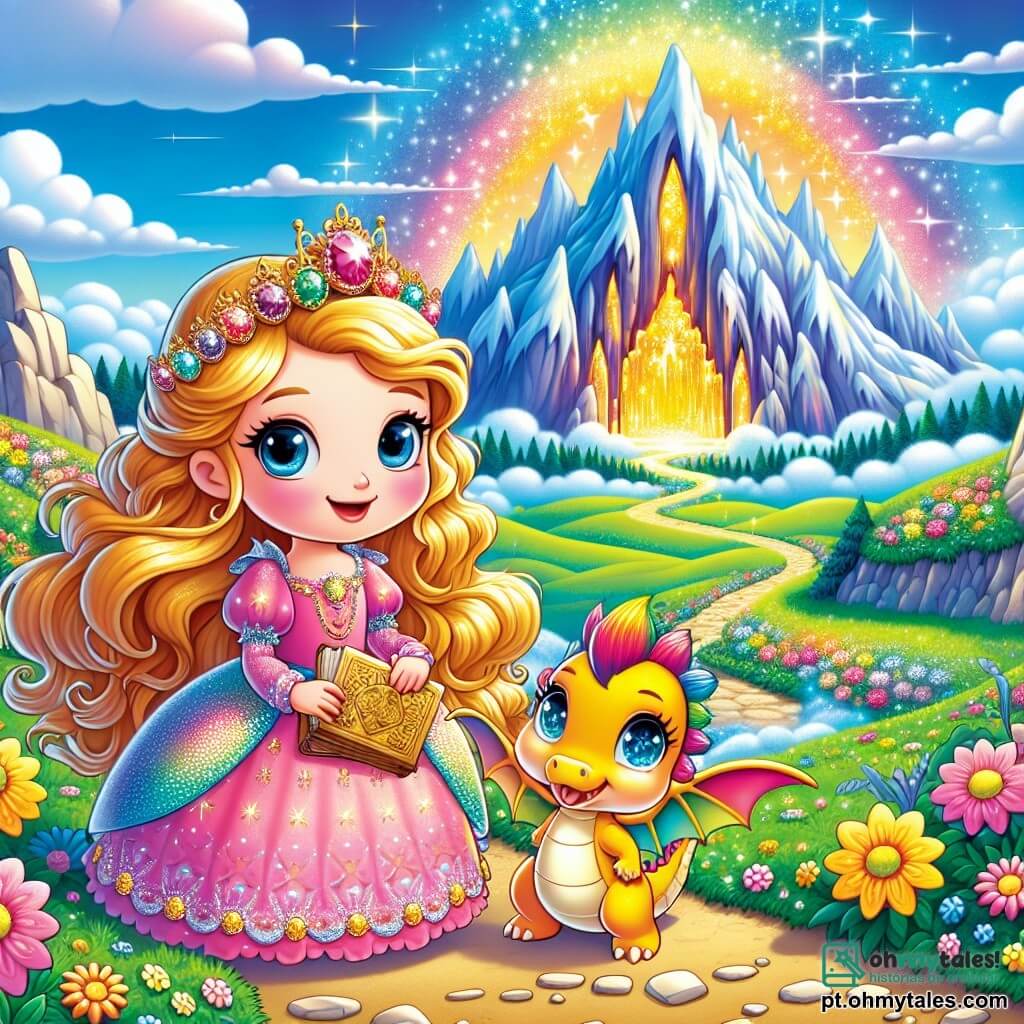 A princesa Estela, uma menina de cerca de 10 anos, tem longos cabelos dourados que brilham como raios de sol. Ela usa um vestido rosa adornado com flores cintilantes e exibe um grande sorriso, mostrando sua curiosidade e entusiasmo enquanto segura um velho pergaminho dourado nas mãos. Ao seu lado, Lumino, um pequeno dragão gentil de cerca de 1 metro de comprimento, tem escamas brilhantes nas cores do arco-íris. Ele bate as asas com excitação, flutuando levemente acima do chão, e olha para Estela com olhos brilhantes de alegria. A cena ocorre ao pé de uma majestosa montanha, onde se ergue uma caverna dourada cintilante. O céu é de um azul radiante, salpicado de nuvens suaves, e flores coloridas cercam o caminho que leva à caverna. Nesta ilustração, Estela e Lumino estão prontos para entrar na caverna, ansiosos para descobrir o tesouro mágico que os espera, simbolizando a aventura e a amizade que os une.