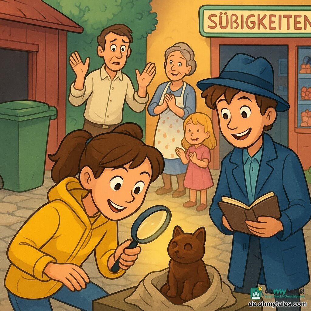 Mia, ein junges Detektivmädchen (etwa 12–14 Jahre) mit braunem Pferdeschwanz, konzentriert und fröhlich, mit Lupe in der rechten Hand, beugt sich über eine kleine, noch in Tuch gewickelte Schokoladenkatzenfigur, die von einem sanften Lichtschein beleuchtet wird; neben ihr Max (etwa 13–15 Jahre), lächelnd mit offenem Notizbuch, zerzaustem Haar und leicht schiefem Detektivhut; im Hintergrund im Garten Herr Kruse (etwa 40), verlegen aber erleichtert, die Hände leicht erhoben, sowie nahe der Ladentür Frau Hummel (etwa 60) und die etwa 7–8-jährige Emma, die leise applaudieren; Schauplatz: Hinterhof eines kleinen Süßwarengeschäfts mit unebenem Pflaster, großer grüner Mülltonne, kleinem roten Holzschuppen, Regalen und einer bunten Ladentür; Hauptsituation: freudige Entdeckung und Lösung des Rätsels — Mia und Max finden die Schokoladenfigur hinter der Tonne, warme Lichtstrahlen auf der Katze, Ausdruck von Erleichterung und Freundschaft, helle kontrastreiche Farben, sanfte Formen und klare Konturen, warme, verspielte Atmosphäre.
