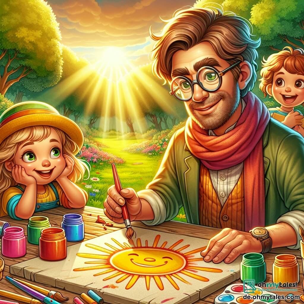 Ein Mann, Paul, sitzt an einem rustikalen Holztisch, umgeben von bunten Farbtöpfen und Pinseln. Er hat leicht zerzauste braune Haare, runde Brille und ein staunendes Lächeln auf seinem Gesicht, während er eine weiße Leinwand vor sich betrachtet, bereit, seiner Kreativität freien Lauf zu lassen. Neben ihm steht ein etwa 8-jähriges Mädchen namens Lotte, das einen leuchtend gelben Hut trägt und eine große bunte Kreide hält. Sie zeichnet eine strahlende Sonne auf den Boden, ihr Gesicht von Aufregung erleuchtet. Ein 7-jähriger Junge mit einem roten Schal steht etwas abseits, seine Augen leuchten vor Bewunderung, während er eine Farbpalette in den Händen hält, bereit, an dem künstlerischen Abenteuer teilzunehmen. Der Ort ist ein grüner Park, durchflutet von goldenem Licht, mit majestätischen Bäumen im Hintergrund und bunten Blumen, die den Weg säumen. Kinder spielen fröhlich um sie herum, was zur lebhaften und kreativen Atmosphäre beiträgt. Die Hauptsituation zeigt Paul und die Kinder in voller künstlerischer Zusammenarbeit, umgeben von leuchtenden Farben, während sie sich darauf vorbereiten, ein wunderschönes Bild zu schaffen, inspiriert von ihrer sprudelnden Fantasie, das die Vereinigung von Kunst und Kindheit symbolisiert.