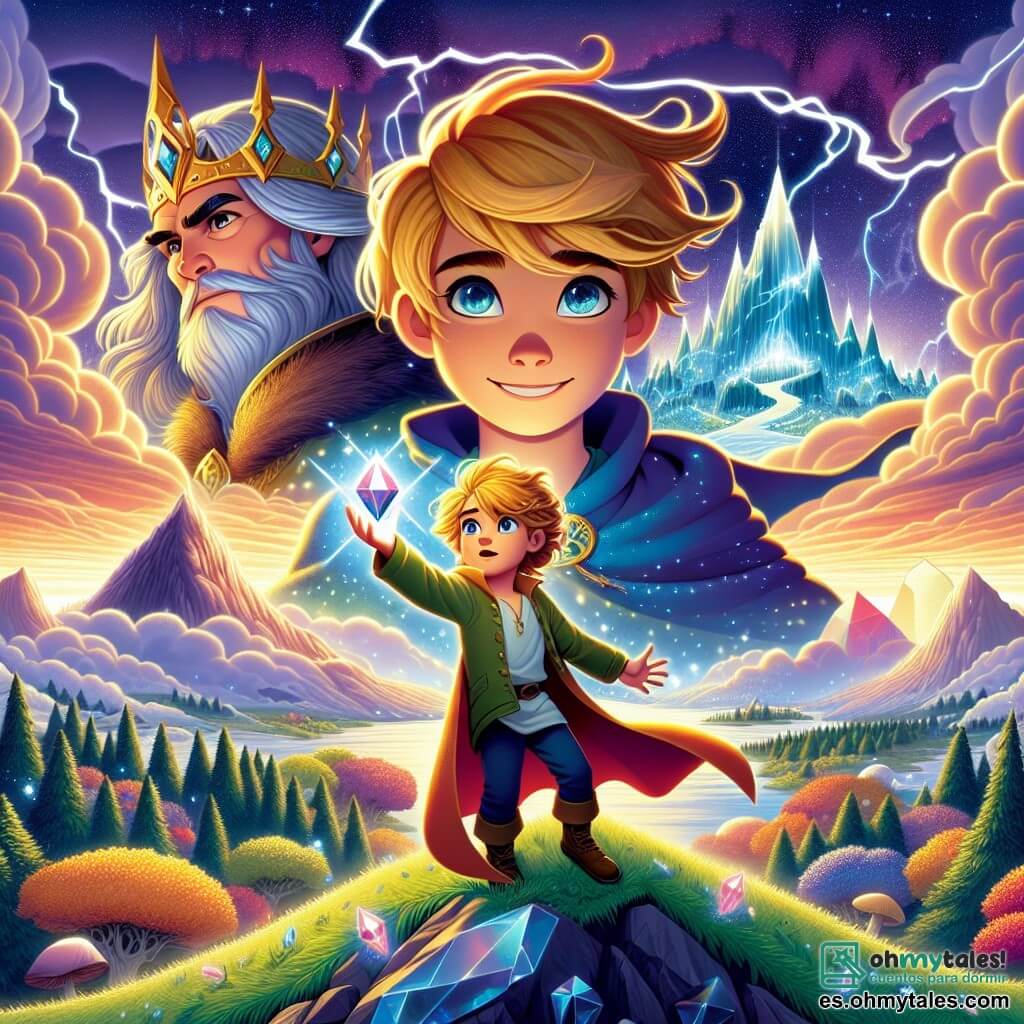 Lucas, un joven de cabello dorado y ojos brillantes de curiosidad, se encuentra valientemente en la cima de la Montaña de los Ecos. Su rostro expresa una determinación radiante mientras sostiene el Cuarzo del Alba, una gema que irradia colores vivos. A su lado, el Rey del Viento, un hombre de mediana edad con una capa hecha de nubes turbulentas, observa a Lucas con una expresión severa e intrigante. El escenario es majestuoso: la montaña está rodeada de cielos tumultuosos, con relámpagos cruzando el horizonte y ecos resonando en el aire. Abajo, el Bosque de los Susurros se despliega, vibrante de colores y criaturas mágicas ocultas entre los árboles. Lucas está listo para enfrentar el desafío del Rey del Viento, decidido a restaurar la magia de su mundo al resolver un enigma, mientras el viento sopla a su alrededor, creando una atmósfera tensa y mágica.