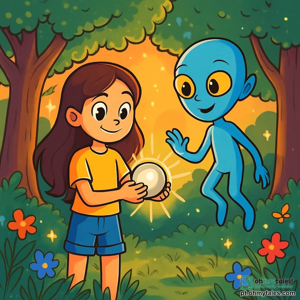Uma menina de 12 anos, Emília, com longos cabelos castanhos e olhos brilhantes de curiosidade, está no meio de uma clareira encantada, seu rosto iluminado por uma mistura de admiração e determinação. Ela usa uma camiseta amarela vibrante e um short jeans, segurando uma pequena esfera metálica brilhante nas mãos. Ao seu lado, Zyn, um extraterrestre do tamanho de uma criança, com pele azul celeste, grandes olhos dourados e dedos finos, flutua levemente acima do solo, exibindo um sorriso amigável e grato. A clareira é cercada por árvores majestosas com troncos grossos e folhas cintilantes, banhadas por uma suave luz dourada do pôr do sol. Flores coloridas e vagalumes dançam ao redor, acrescentando um toque mágico ao ambiente. A cena principal mostra Emília e Zyn se preparando para ativar um portal estelar, com brilhos de luz emanando da esfera, enquanto uma leve brisa faz ondular as gramíneas ao redor, criando uma atmosfera de aventura e mistério.