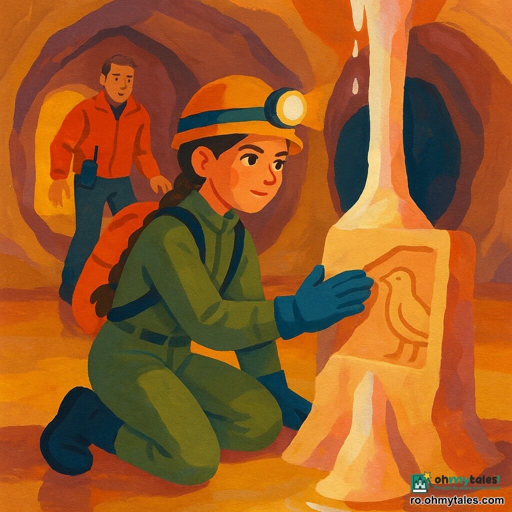 O tânără exploratoare de aproximativ 16–18 ani, păr brun împletit, față hotărâtă și ochi sclipitori, poartă combinezon kaki de speologie, cască cu lanternă aprinsă, mănuși și rucsac; îngenunchează lângă o coloană de calcit și atinge delicat o placă sculptată cu un mic simbol de pasăre cu mâna mănușată. Un coleg bărbat de aproximativ 25–30 de ani, păr scurt cu fire albe, vestă portocalie și radio la curea, rămâne în fundal lângă o deschidere luminoasă a galeriei, atent și gata să ajute. Sala subterană, largă și rotundă, are pereți netezi de calcar bej-roz, podea lucioasă ca sticla, picături de apă strălucind ritmic, o coloană centrală subțire de piatră albă și reflexii multicolore din lanterna. Scena principală surprinde descoperirea plăcii cu simbolul păsării de către tânără, lumina lanternelor creând umbre blânde și reflecții pe piatra umedă, cu un aer de uimire precaută și mister tăcut.