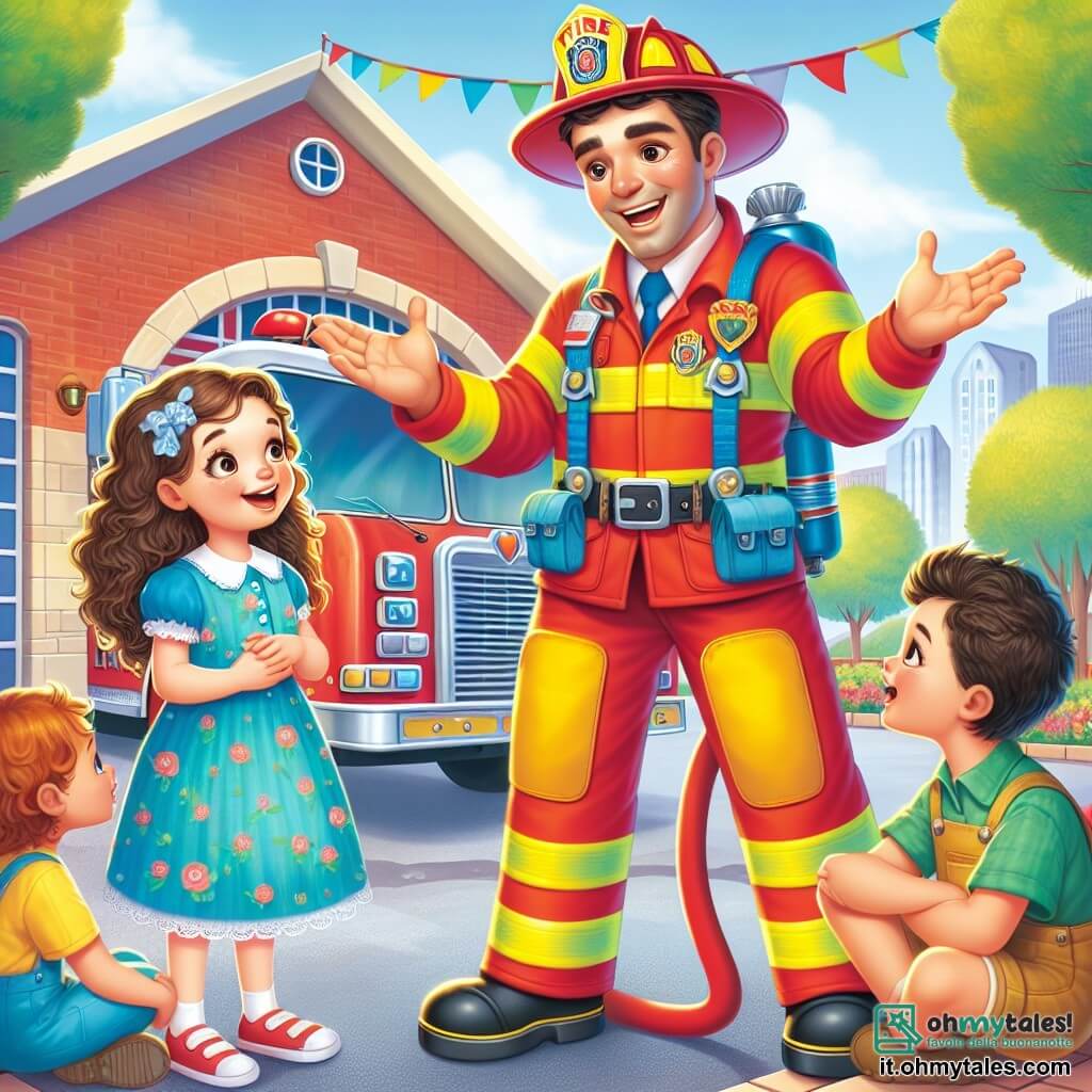 Un pompiere sorridente, Marco, è un uomo robusto con un uniforme rosso vivo e un casco giallo brillante. Si trova in piedi, con le braccia aperte, mostrando ai bambini come usare un tubo antincendio, il suo viso raggiante di gioia ed entusiasmo. Accanto a lui, Sofia, una bambina di 6 anni con i capelli ricci e un vestito blu, lo osserva con occhi spalancati, tenendo un piccolo giocattolo di camion dei pompieri nelle mani. La scena si svolge davanti a una caserma dei pompieri colorata, con un grande camion rosso parcheggiato, bandiere sventolanti e alberi verdi sullo sfondo. Marco spiega con passione l'importanza della sicurezza, mentre bambini curiosi, seduti per terra, ascoltano attentamente, meravigliati dalle storie di coraggio e amicizia.