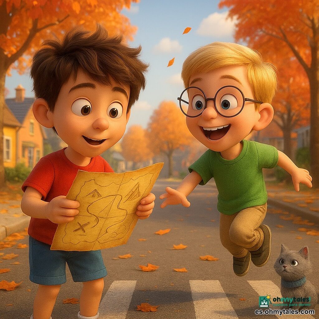 Hay 2 personajes principales: - Un niño llamado Bruno, de casi ocho años, con cabello castaño despeinado y ojos brillantes. Lleva una camiseta roja y un pantalón corto azul, y sostiene su gran hoja dorada con un dibujo de mapa. Está a la izquierda de la imagen, mirando la hoja con curiosidad. - Un niño llamado Leo, también de casi ocho años, con cabello rubio y gafas redondas. Lleva una camiseta verde y un pantalón beige, y está saltando alegremente sobre una línea de la calzada. Está a la derecha de la imagen, sonriendo y observando a Bruno. El lugar es una calle de barrio tranquila y pintoresca, bordeada de árboles con hojas doradas y rojas de otoño. Las casas al fondo son coloridas y acogedoras, con chimeneas humeantes. La acera está salpicada de hojas caídas, y un gato de pelaje gris y cola esponjosa, con una pequeña bufanda azul, pasea tranquilamente. La situación principal muestra a los dos niños descubriendo la hoja dorada con un dibujo misterioso, simbolizando un mapa del tesoro. El viento sopla ligeramente, haciendo revolotear algunas hojas a su alrededor, y el gato los observa con curiosidad. La atmósfera está llena de magia y emoción, capturando el espíritu de una aventura que comienza.