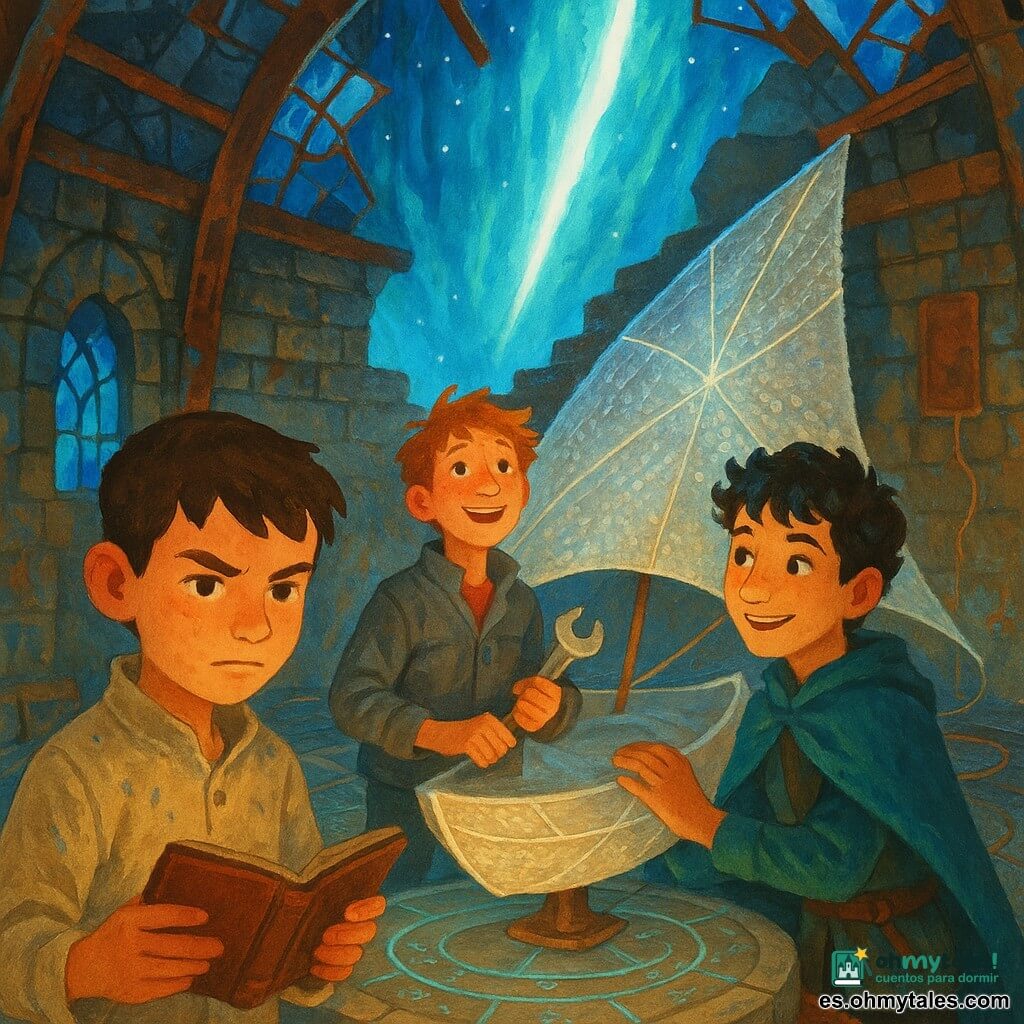 Hay 3 personajes: Ivo, niño de 11 años, pelo castaño corto, mirada concentrada, túnica de aprendiz beige manchada de tinta, sostiene una pequeña tableta de cuero abierta; Darío, niño de 11 años, pelo rojo alborotado, sonrisa nerviosa, chaqueta de trabajo gris con refuerzos en los codos, sostiene una llave inglesa y mira al cielo; Nilo, niño de 11 años, pelo negro rizado, ojos vivaces, capa corta azul verdosa, una mano sobre el hombro de Darío y la otra rozando la vela. Lugar: hangar circular de piedra y metal con una plataforma de lanzamiento clara en el centro, vigas de acero oxidado, vitrales rotos que dejan pasar una aurora azul y una gran fisura luminosa blanco-azulada en el cielo (la Brecha de Lumen); superficies texturadas, paneles de cobre, cables luminosos y pequeñas runas en el suelo. Situación: una gran vela solar plateada se despliega suavemente sobre la plataforma, tejido metálico brillante como escamas y nervaduras de hilos luminosos; los tres chicos, alrededor de la barca ligera, sincronizan sus gestos — Ivo consulta sus notas, Darío ajusta un anillo mecánico, Nilo toca la vela — mientras una luz azul de la brecha baña la escena, con una atmósfera de tensión y asombro.