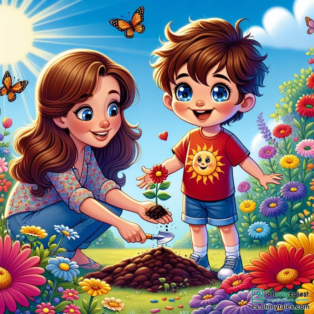Un niño de 4 años, Lucas, con cabello castaño desordenado y ojos brillantes de alegría, está plantando una pequeña semilla en un jardín colorido. Lleva una camiseta roja con un diseño de sol y un pantalón corto azul. Su rostro irradia emoción y curiosidad. A su lado, su mamá, una mujer de unos 30 años con cabello largo castaño y una sonrisa cálida, lo anima sosteniendo una pequeña pala. Ella viste una blusa ligera y pantalones de mezclilla, inclinándose ligeramente para ayudarlo. El jardín es un lugar mágico, lleno de flores brillantes de todos los colores: rojas, amarillas, azules y violetas. Mariposas vuelan alrededor, y el cielo es de un azul brillante, salpicado de algunas nubes blancas esponjosas. La escena principal muestra a Lucas, feliz, poniendo la semilla en la tierra, mientras su mamá lo observa con orgullo, creando una atmósfera de felicidad y descubrimiento en el corazón de la naturaleza primaveral.