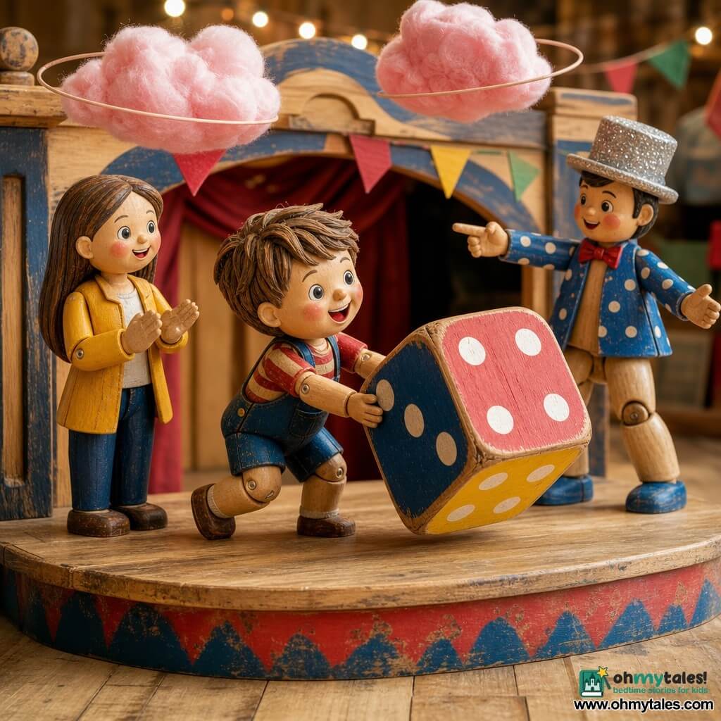 A 4-year-old boy with a round face and tousled light brown hair, bright eyes and a wide smile joyfully pushes a large multicolored die with both hands on a small painted wooden stage; his mother, with long brown hair and a yellow jacket, stands to his left smiling and gently applauding; a male host in a silver sequined hat and blue polka-dot suit stands behind him pointing at the die and making a theatrical gesture; the wooden cube die is painted red, blue and yellow with white pips and is rolled halfway in front of the boy; two pink cotton cloud hoops float above the stage; background features colorful flags, string lights and a light wood plank floor; whimsical, absurd atmosphere with vivid saturated colors, slightly exaggerated perspective, visible wood and paint textures, and warm soft afternoon-like lighting