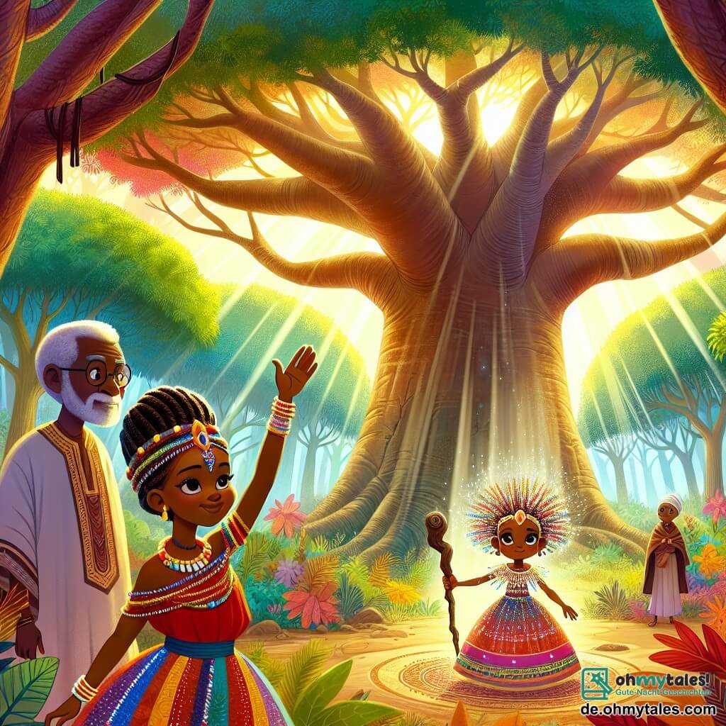 Nia, eine afrikanische Frau in ihren Dreißigern, steht stolz vor dem majestätischen Baobab, ihre Augen leuchten vor Entschlossenheit und Weisheit. Sie trägt ein farbenfrohes Kleid mit traditionellen Mustern und hat funkelnde Perlen in ihren geflochtenen Haaren, während sie eine Hand gen Himmel hebt, bereit, die bevorstehenden Herausforderungen zu meistern. Neben ihr steht Kofi, ein etwa 60-jähriger Mann mit grauem Bart und Falten, die Geschichten von Weisheit erzählen. Er beobachtet Nia mit einem ermutigenden Blick und hält einen geschnitzten Holzstock, der sein Berateramt symbolisiert. Asha, eine junge Frau in ihren Zwanzigern, agil und lebhaft, steht etwas im Hintergrund, ihre Augen voller Begeisterung, bereit, Nia in ihrer Suche zu unterstützen. Der Ort ist eine verzauberte Lichtung im Herzen eines dichten Waldes, wo Sonnenlicht durch die Blätter filtert und tanzende Muster auf den Boden wirft. Der große Baobab mit seinen weit ausladenden Ästen und dem breiten Stamm steht im Zentrum, umgeben von bunten Blumen und neugierigen Tieren, die die Szene beobachten. Die Hauptsituation zeigt Nia, Kofi und Asha, die sich darauf vorbereiten, den heiligen Kreis um den Baobab zu betreten, wo sie den Herausforderungen begegnen werden, die das Schicksal ihres Dorfes bestimmen. Die Atmosphäre ist sowohl magisch als auch voller Spannung, mit Lichtblitzen und geheimnisvollen Schatten, die die Aufregung des Moments verstärken.