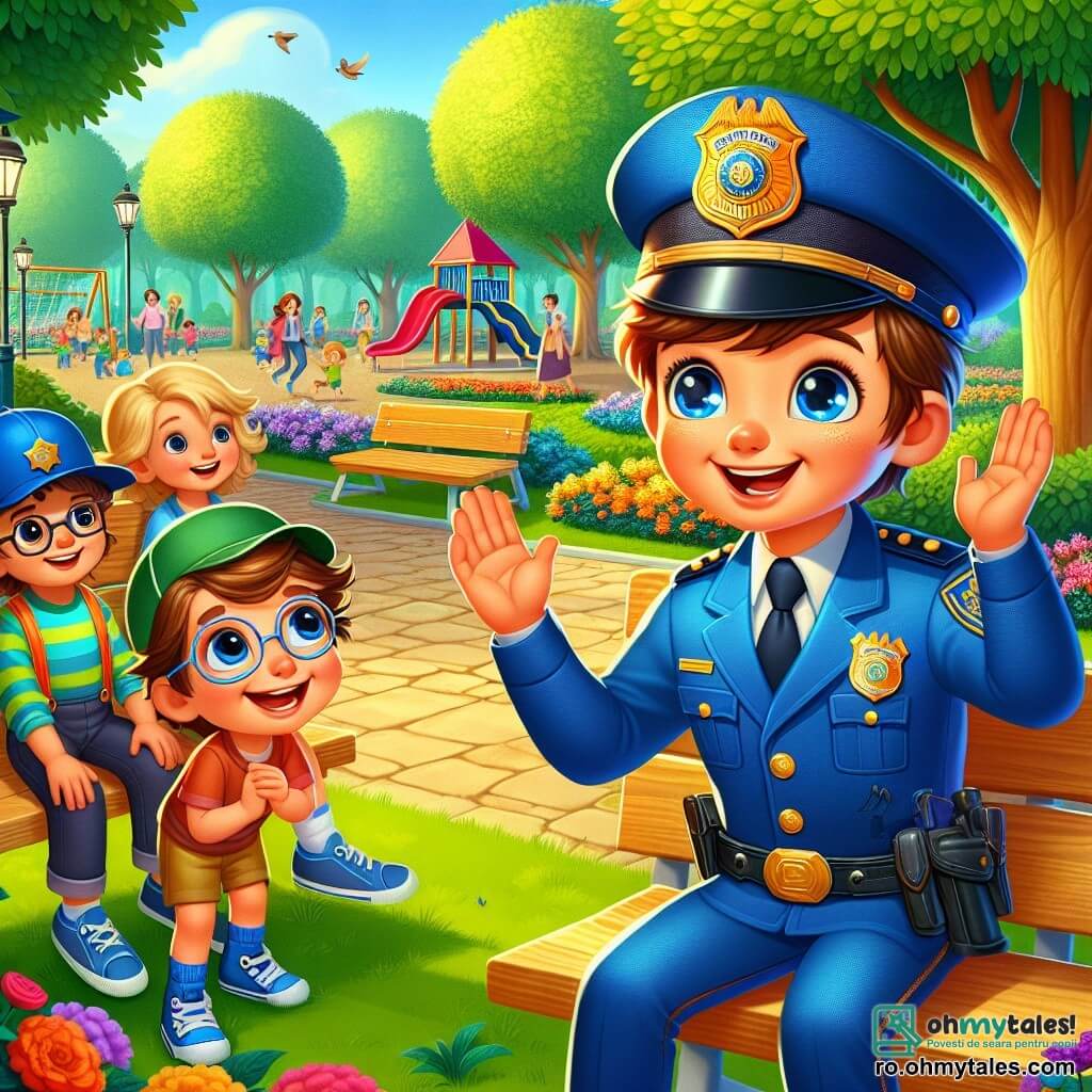 Personajul principal, polițistul Pavel, este zâmbitor și călduros, purtând o uniformă albastră strălucitoare cu o șapcă împodobită cu un simbol al orașului. Are părul brunet și ochii strălucitori de bucurie, iar el stă pe o bancă într-un parc, înconjurat de flori colorate și copaci verzi, povestind povești copiilor. Printre personajele secundare, un băiat de 8 ani, cu părul blond și ochii albaștri, îl ascultă atent pe Pavel, cu mâinile pe genunchi și un zâmbet mare pe față. O fetiță de 7 ani, cu părul brunet și ochelari, stă în picioare lângă el, ridicând mâna pentru a pune o întrebare, plină de entuziasm. Locația scenei este un parc animat, plin de locuri de joacă pentru copii, bănci din lemn și familii care se bucură de o zi frumoasă și însorită. Flori multicolore împodobesc aleile, iar păsările cântă în copaci. Situația principală îl arată pe Pavel împărtășind povești captivante despre munca sa de polițist, în timp ce copiii îl ascultă cu fascinație, nerăbdători să învețe cum să devină mici eroi în comunitatea lor.