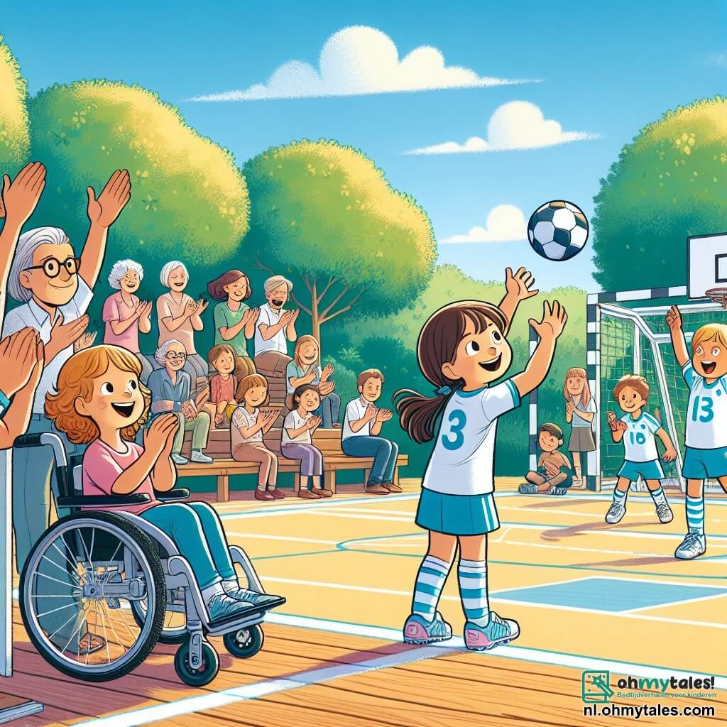 In het midden van de afbeelding staat Lotte, een 10-jarig meisje met bruin haar en een bril, die glimlacht terwijl ze een handbal vasthoudt. Rechts van haar moedigt Maaike, een ander 10-jarig meisje met blond, krullend haar, haar aan met haar armen in de lucht. Links zit Noor, een 9-jarig meisje met kastanjebruin haar en een stralende glimlach, in haar mooie rolstoel, klaar om mee te doen aan het spel. De achtergrond is een buiten handbalveld, omringd door groene bomen en een blauwe, zonnige lucht. De witte lijnen van het veld zijn goed zichtbaar en toeschouwers, kinderen en ouders zitten op houten banken, applaudisserend en glimlachend. De scène toont Lotte die de bal naar Noor gooit, die hem enthousiast probeert te vangen. De andere kinderen rondom hen spelen, wat een vrolijke en dynamische sfeer creëert. De boodschap van vriendschap en teamwork is voelbaar in de lucht, terwijl het gelach en de aanmoedigingen over het veld galmen.
