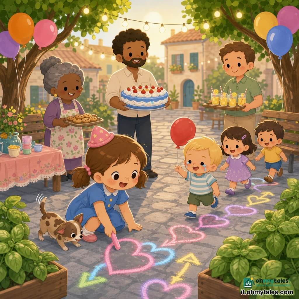 Una bambina di 6 anni, allegra e coraggiosa, capelli castani a due code, naso piccolo e lentiggini, in vestito azzurro e cappellino rosa a stelle, tiene un grosso gessetto rosa e traccia cuori e frecce sul selciato; vicino a lei un bimbo di 3 anni biondo, con lacrime che si asciugano e poi sorride, stringe un palloncino rosso; dietro la bambina un uomo sulla trentina in camicia chiara tiene una torta alla crema blu con fragole pronto a servirla; a sinistra una nonna, Lucia, con capelli grigi raccolti e grembiule a fiori sorride tenendo un vassoio di biscotti su un tavolo decorato; un vicino, Marco, porta un vassoio di limonate gialle vicino a una panchina; ai piedi della bambina un piccolo cane marrone maculato scodinzola guardando il gessetto; la scena si svolge in una piccola piazza lastricata con panchine di legno, cespugli di basilico, lucine appese tra gli alberi e palloncini colorati, luce morbida del tardo pomeriggio, atmosfera festosa e solidale mentre la bambina guida i più piccoli lungo il percorso di gessetti multicolore.