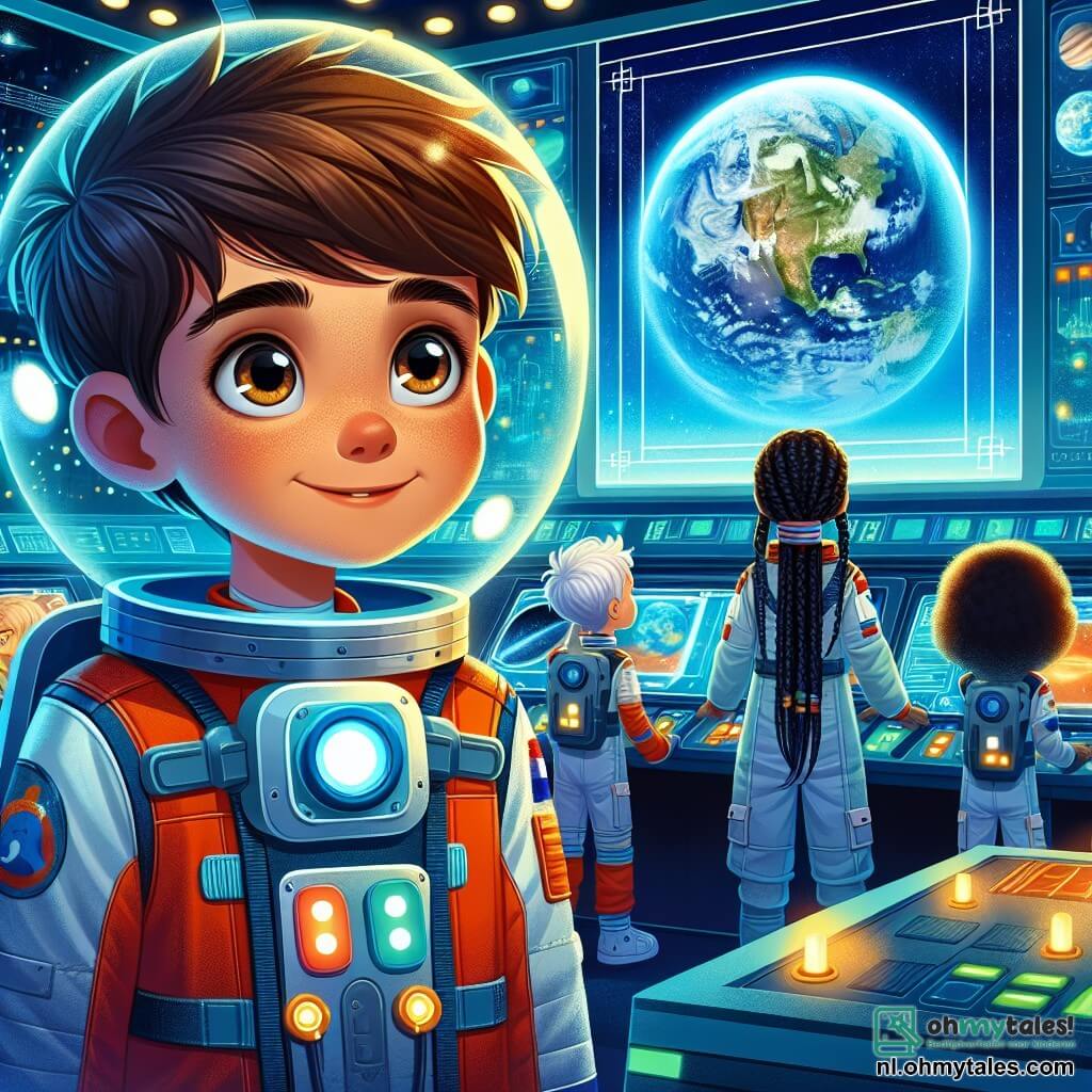 Een jonge jongen, Lucas, ongeveer 10 jaar oud, staat in het midden van de afbeelding, met glinsterende ogen van opwinding en nieuwsgierigheid. Hij draagt een felgekleurde astronautenuniform en een doorzichtig helmpje, en kijkt vol verwondering naar een groot scherm dat een uitzicht op de aarde vanuit de ruimte toont. Zijn bruine haar is een beetje rommelig en een stralende glimlach verlicht zijn gezicht. Naast hem is Noor, een 10-jarig meisje met lange, zwarte gevlochten haren, die ook een astronautenuniform draagt. Ze leunt over een controlepaneel, geconcentreerd, met een vastberaden uitdrukking op haar gezicht. Ze wijst naar een knop, klaar om een ruimtesimulatie te starten. Op de achtergrond is de simulatiezaal gevuld met futuristische technologieën, met heldere schermen die beelden van planeten en sterren tonen. Knipperende lichten en animaties voegen een dynamische sfeer toe aan de omgeving. De belangrijkste situatie toont Lucas en Noor, die zich voorbereiden op hun eerste ruimte missie, omringd door schermen en knoppen, klaar om naar de sterren te vertrekken, met een voelbare sfeer van avontuur en ontdekking in de lucht.