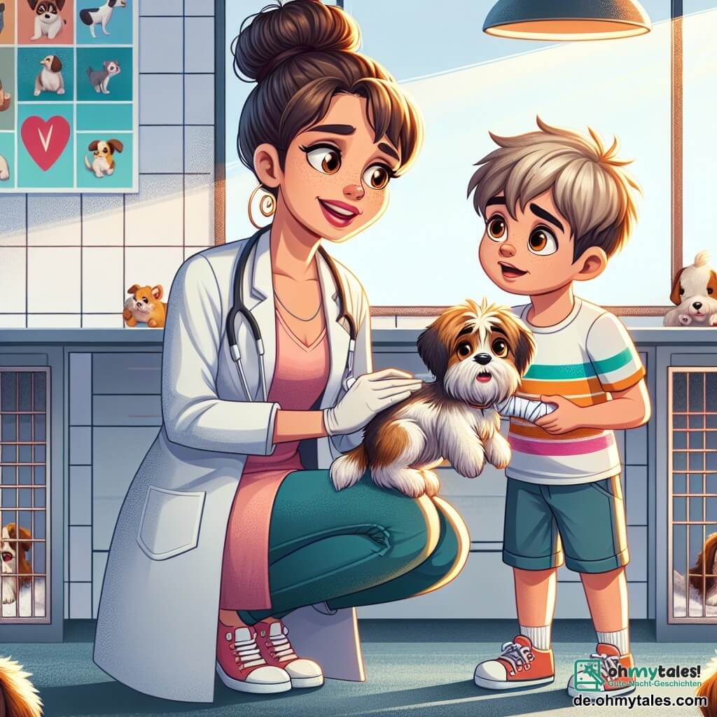 Eine Tierärztin, Dr. Lina, ist eine etwa dreißigjährige Frau mit braunen Haaren, die zu einem Dutt gebunden sind. Sie trägt einen weißen Kittel und lächelt freundlich. Sie hockt sich und untersucht einen kleinen Hund namens Fido, der einen Verband um sein Bein hat, mit einem sanften und beruhigenden Ausdruck auf ihrem Gesicht. Neben ihr beobachtet Max, ein 8-jähriger Junge mit zerzausten blonden Haaren und einem bunten T-Shirt, aufmerksam. Er hält ein hundeförmiges Spielzeug in den Händen und beugt sich neugierig nach vorne, um zu sehen, wie Dr. Lina Fido behandelt. Die Szene spielt in einem Behandlungsraum einer Tierklinik, der mit bunten Postern über Tierpflege und verstreuten Spielsachen auf dem Boden sowie Käfigen im Hintergrund gefüllt ist. Natürliches Licht strömt durch ein großes Fenster und schafft eine warme und einladende Atmosphäre. Die Hauptsituation zeigt Dr. Lina, die Fido behandelt, während Max begeistert lernt, wie man sich um Tiere kümmert, was die Bedeutung von Liebe und Fürsorge für Haustiere verdeutlicht.
