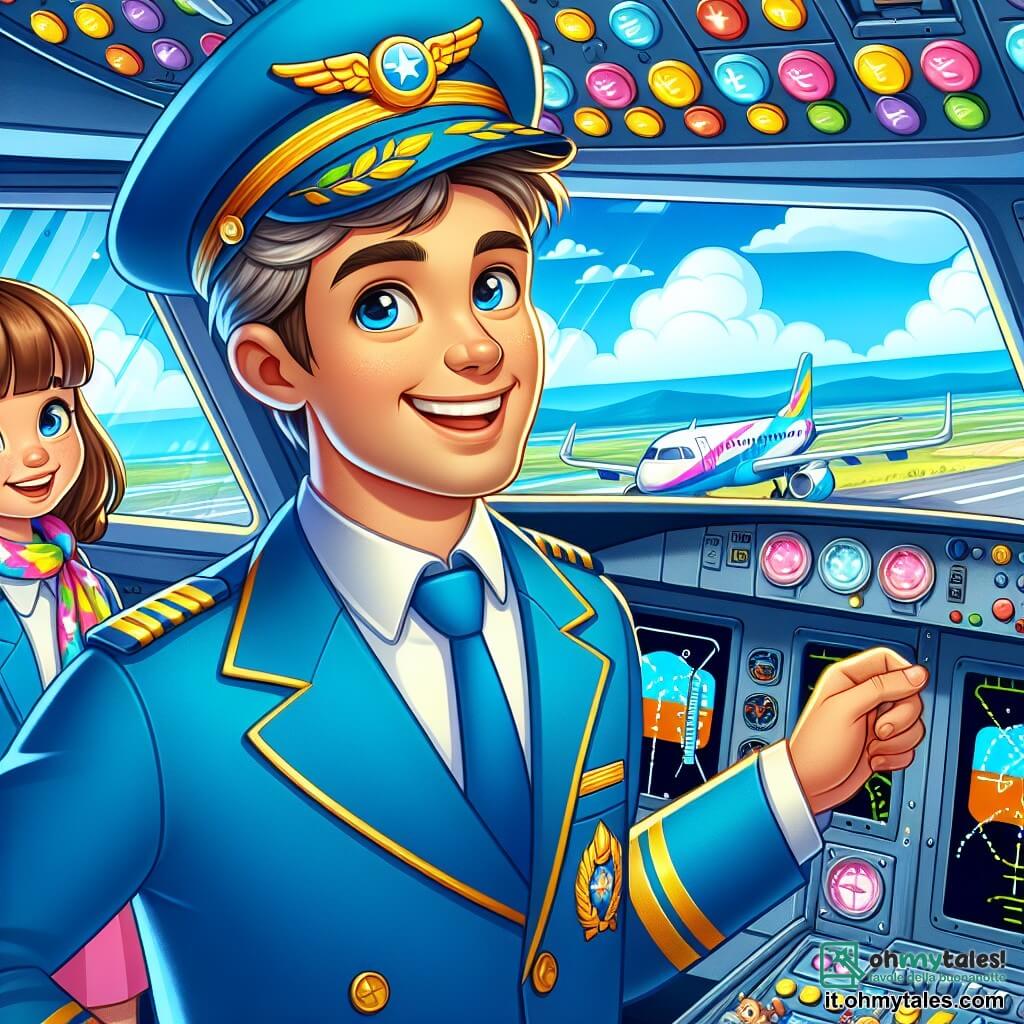 Un pilota sorridente di circa quarant'anni indossa una uniforme blu brillante con un cappellino decorato con una piccola ala dorata. Ha capelli castani leggermente brizzolati e occhi pieni di gioia. Si trova all'interno di un cockpit di aereo, guardando con meraviglia attraverso il grande oblò. Accanto a lui, una donna di nome Laura, di circa 30 anni, con capelli castani raccolti in una coda di cavallo, sorride allegramente mentre aiuta i bambini a salire a bordo. Indossa un'uniforme simile, ma con una sciarpa colorata che aggiunge un tocco di allegria. Il cockpit è pieno di bottoni colorati e un cruscotto luminoso, mentre all'esterno un cielo blu brillante è punteggiato di nuvole bianche e soffici. La scena principale mostra il pilota e Laura che preparano il volo, circondati da bambini meravigliati che guardano dalle finestre, i loro volti illuminati dall'eccitazione per l'avventura imminente.