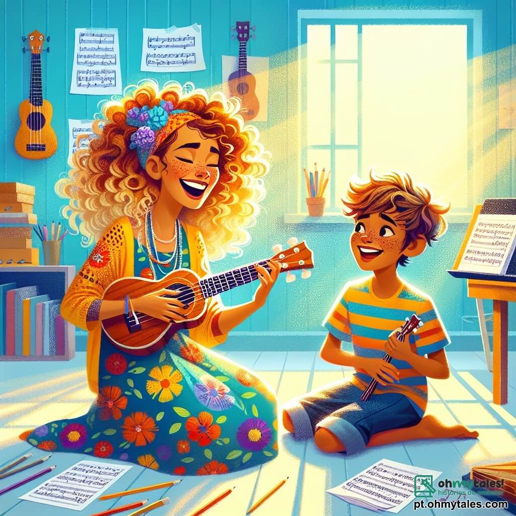 Clara, uma mulher de cabelos cacheados e dourados, irradia alegria com um grande sorriso no rosto. Ela usa um vestido colorido decorado com notas musicais e segura um ukulele vibrante entre as mãos, seus olhos brilhando de excitação. Ao seu lado, Léo, um garoto de 10 anos com cabelos castanhos e desgrenhados, observa com admiração. Ele está sentado no chão, cercado por folhas de papel e lápis, pronto para fazer perguntas sobre música. A cena acontece em um estúdio iluminado, com paredes pintadas de azul claro, prateleiras cheias de partituras e instrumentos musicais espalhados. Raios de sol filtram por uma grande janela, iluminando o ambiente com uma suave luz dourada. Clara e Léo estão aprendendo a tocar ukulele juntos, rindo e experimentando melodias alegres, criando uma atmosfera de compartilhamento e descoberta musical.