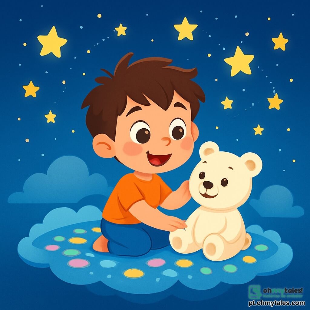 Um garotinho de 4 anos, com cabelos castanhos bagunçados e olhos brilhando de curiosidade, está sentado em um tapete de pétalas luminosas. Ele sorri com admiração, com as bochechas rosadas de excitação, enquanto acaricia seu bichinho de pelúcia, um urso branco com olhos brilhantes. Ao seu lado, o urso parece vivo, com um sorriso suave e amigável, olhando para o garoto com afeto. A cena acontece em uma ilha flutuante feita de nuvens fofas, cercada por um céu estrelado cintilante. As estrelas dançam ao redor deles, criando padrões luminosos que iluminam a paisagem mágica. O chão é coberto por pétalas coloridas, emitindo um suave brilho azul, rosa, amarelo e verde. O menino e seu urso estão no centro dessa ilha mágica, maravilhados com a beleza do céu, envolvidos em um silêncio tranquilizador, prontos para se deixar levar pela magia da noite.
