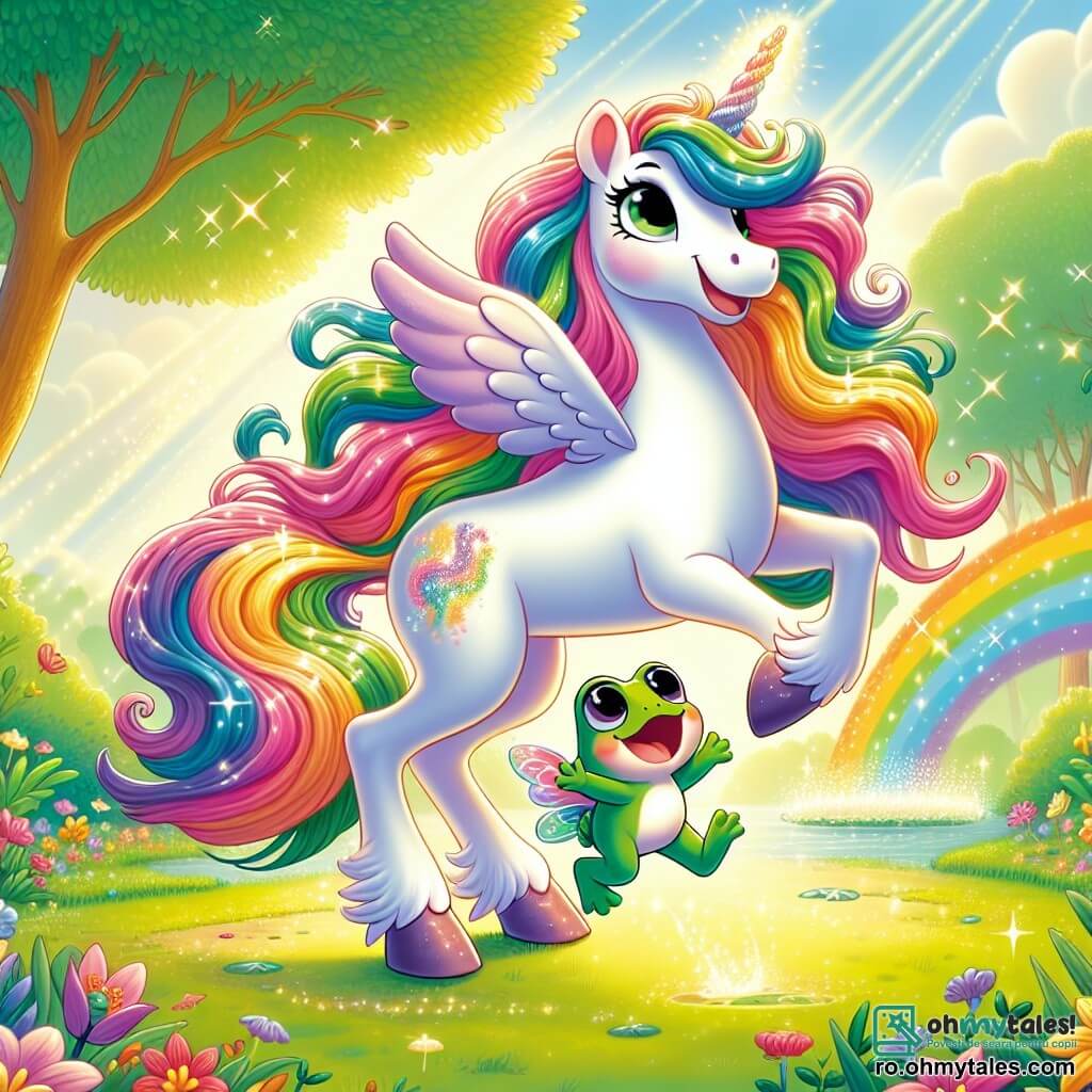 O unicornă minunată numită Lila, cu o coamă ondulată în culorile curcubeului și un corn strălucitor, stă în centrul scenei, având o expresie veselă și prietenoasă. Este înconjurată de mici scântei magice care dansează în jurul ei. Lângă ea, o broscuță verde numită Răzvan, cu ochi mari și strălucitori și un zâmbet entuziast, sare de bucurie, cu labele din spate în aer, pregătit să zboare. Decorul se desfășoară într-o poieniță strălucitoare, unde flori colorate și copaci măreți creează o atmosferă de basm. Razele de soare filtrează printre frunze, iluminând solul cu mii de străluciri aurii. Situația principală arată cum Lila folosește magia ei pentru a-l transforma pe Răzvan într-o mică creatură cu aripi, în timp ce se pregătește să decoleze, plin de entuziasm și fericire.