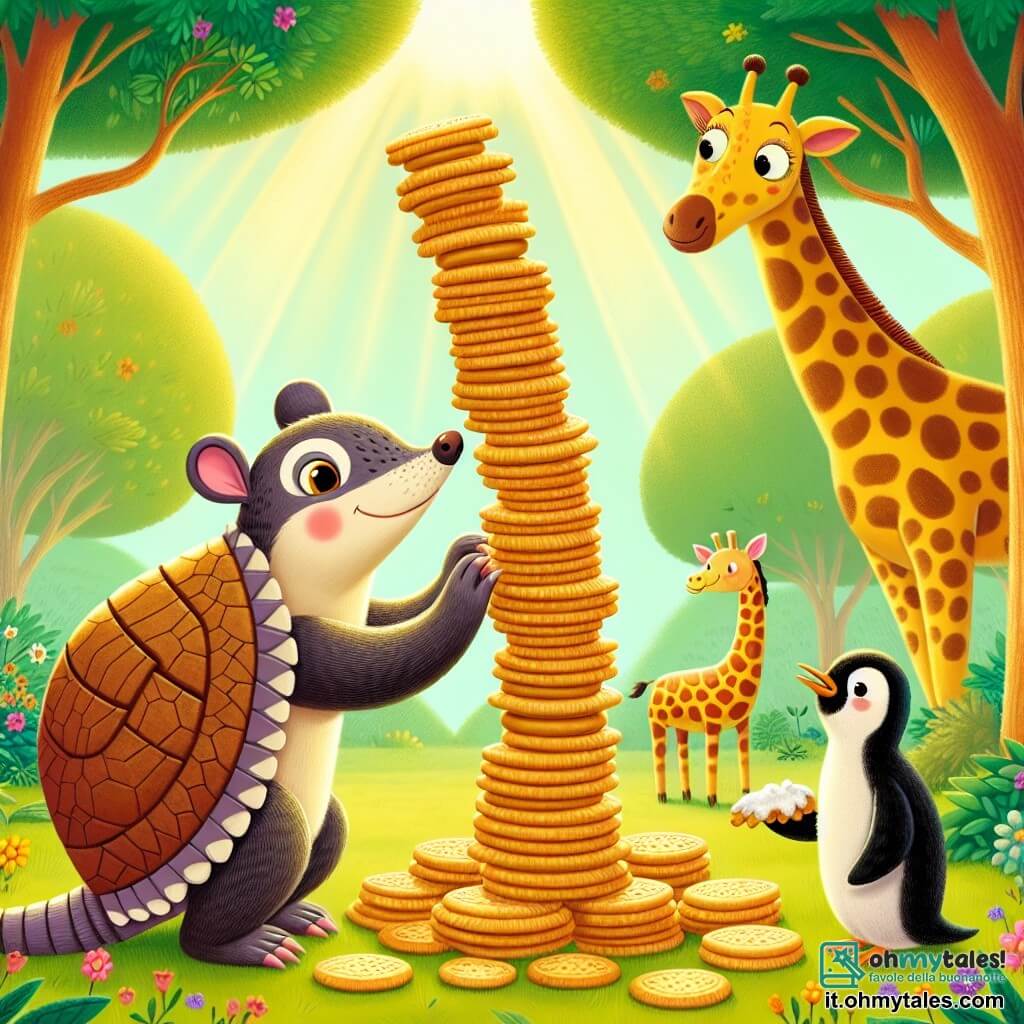 Un armadillo sorridente, di nome Arturo, è al centro dell'immagine, con un guscio lucido e occhi brillanti di determinazione. Sta costruendo una torre di biscotti, impilando con cura biscotti rotondi e dorati a spirale, con un'espressione concentrata sul volto. Alla sua destra, Gertrude, una grande giraffa maculata, osserva con curiosità, allungando il collo per vedere la costruzione di Arturo, con un sorriso ammirato. A sinistra, Max, un piccolo pinguino dalle piume bianche e nere, guarda con meraviglia, tenendo un biscotto congelato tra le zampette, pronto ad aiutare. La scena si svolge in una foresta incantata, con alberi alti dalle foglie verdi brillanti, fiori colorati sparsi sul terreno e un dolce raggio di sole che filtra tra i rami, creando un'atmosfera gioiosa e accogliente. La situazione principale mostra Arturo che, con entusiasmo e creatività, costruisce la sua torre di biscotti sfidando dolcemente il vento, pronto a dimostrare che la sua idea ingegnosa può resistere a tutti gli ostacoli.