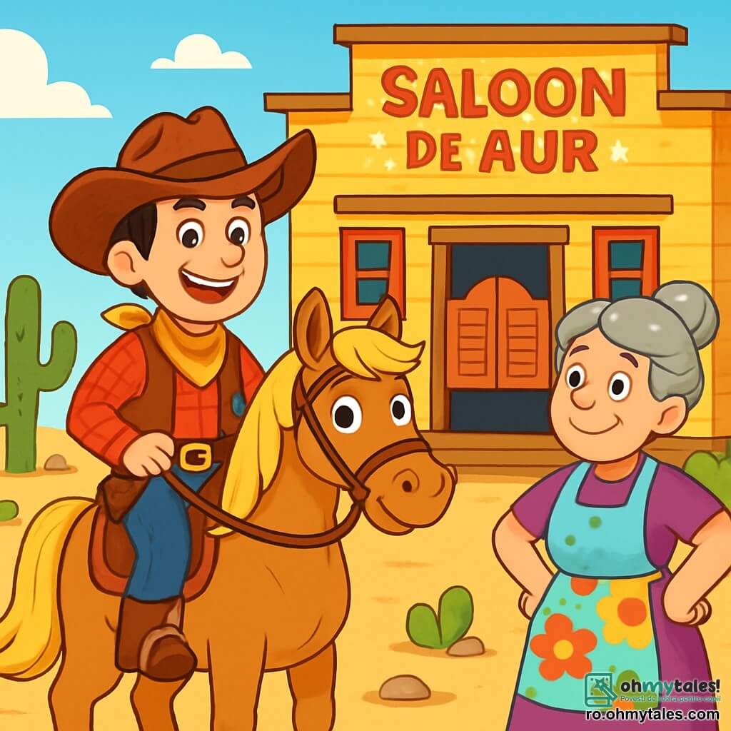 Un cowboy curajos, Tom, un bărbat de aproximativ 30 de ani, cu un zâmbet larg și ochi strălucitori de determinare, poartă o pălărie de cowboy uzată și o cămașă în carouri roșii. El este călare pe mânzul său, Steluța, care are o coamă frumoasă de aur și o privire prietenoasă. Lângă el se află doamna Maggie, o femeie de aproximativ 50 de ani, cu părul gri aranjat în coc și un sort colorat, care îl privește pe Tom cu speranță, cu mâinile pe șolduri. Scena se desfășoară în fața Saloon-ului de Aur, o clădire din lemn vopsită în galben aprins, cu feronerie roșie și un semn strălucitor care strălucește în soare. Cactuși și pietre deșertice înconjoară saloon-ul, adăugând o notă sălbatică mediului. Situația principală îl arată pe Tom, pregătit să apere saloon-ul de bandiții amenințători care se apropie, cu o expresie hotărâtă pe față, în timp ce doamna Maggie îl încurajează din toată inima.