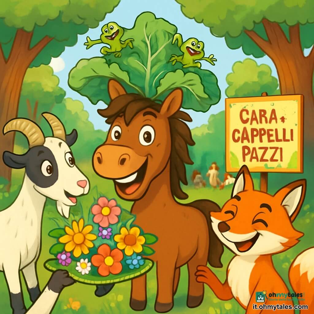 Un cavallo marrone con una criniera arruffata, Carletto, si trova al centro dell'immagine, con gli occhi brillanti di eccitazione e un grande sorriso sul volto. Indossa un cappello stravagante fatto di foglie di cavolo, con due piccole rane che saltano felicemente sopra. A destra, una volpe astuta di nome Fiocco, con un pelo arancione vivace e occhi maliziosi, osserva la scena ridendo. A sinistra, la capra Marta, con corna ricurve e un pelo bianco e nero, tiene un grande cappello di fiori colorati, pronta a mostrarlo a Carletto. Sullo sfondo, un bosco verde e soleggiato, pieno di alberi con foglie brillanti e fiori multicolori, crea un'atmosfera gioiosa. In lontananza, un cartello colorato annuncia la "Gara di Cappelli Pazzi", mentre animali curiosi si radunano per ammirare lo spettacolo. Carletto, circondato dai suoi amici, si prepara a partecipare alla competizione di cappelli, pieno di entusiasmo e buon umore.