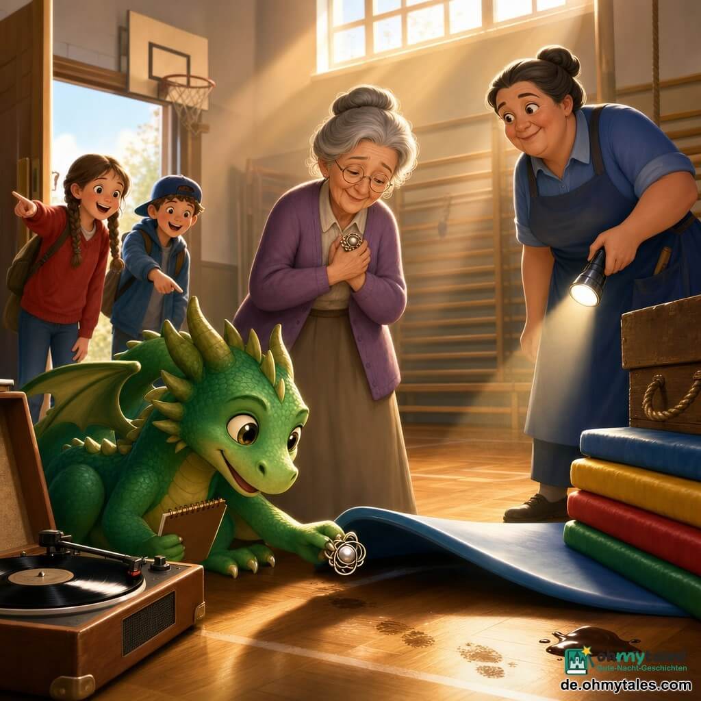 Ein kleiner grüner, anthropomorpher Drache mit glänzenden Schuppen und neugierigen runden Augen hockt konzentriert neben einem alten Plattenspieler, hält ein spiralgebundenes Heft und zieht behutsam eine glänzende Metallbrosche unter einer Turnmatte hervor; Frau Krümel, eine ältere Frau mit sanftem Gesicht und grauem Dutt, steht erleichtert neben ihm und drückt die gefundene Brosche an die Brust; Frau Müller, die robuste Schulhausmeisterin in blauem Kittel, leuchtet mit einer kleinen Taschenlampe die dunkle Ecke aus; Lilli mit Zöpfen und rotem Pullover und Jonas mit blauer Mütze stehen aufgeregt am Eingang und zeigen auf die Brosche im Hintergrund; Szene in einer alten Schulsporthalle mit glänzendem Parkett, Fußspuren und kleinem Schokoladenfleck, aufgetürmten bunten Matten, Holzbänken, einer abgenutzten Seilkiste und einem hohen Fenster, durch das ein warmer, staubiger Sonnenstrahl fällt — fröhliche Entdeckung der Brosche, Ermittlungsstimmung, präzise Gesten, Lächeln und Lichtfokus auf dem glänzenden Objekt.