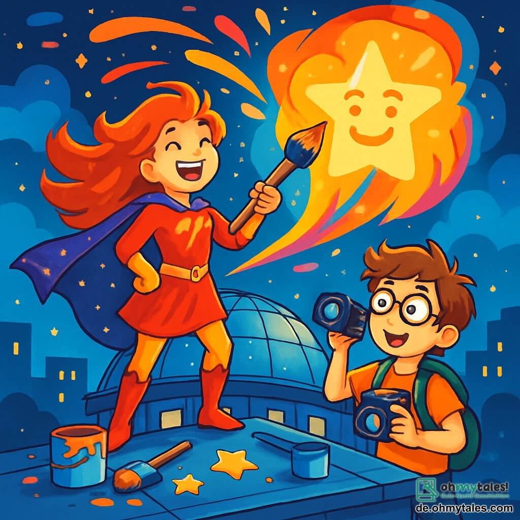 Stella Blitz, eine Superheldin mit leuchtend roten Haaren und einem glitzernden Umhang, steht auf dem Dach eines Planetariums, ihr Gesicht strahlt Freude und Aufregung aus. Sie hält einen riesigen Pinsel in einer Hand, während lebendige Farbspritzer um sie herum fliegen und ihr strahlendes Lächeln erhellen. Neben ihr justiert Blitz Bart, ein etwa 12-jähriger Junge mit runden Brillen und zerzausten Haaren, seine Kamera, bereit, den magischen Moment festzuhalten. Er sieht konzentriert und begeistert aus, seine Augen glänzen vor Bewunderung für das Meisterwerk, das sie gemeinsam schaffen. Der Ort ist ein futuristisches Planetarium mit einer transparenten Glaskuppel, die einen sternenklaren Himmel zeigt, während funkelnde Sterne und wirbelnde, farbige Wolken mit der modernen Architektur verschmelzen. Pinsel, Farbtopf und Papiersterne sind um sie herum verstreut und schaffen eine künstlerische, dynamische Atmosphäre. Die Hauptsituation zeigt Stella und Blitz in voller Aktion, wie sie gemeinsam ein riesiges, leuchtendes Gemälde auf dem Dach malen, wo ein lächelndes Star-Gesicht auftaucht, die Nacht erhellt und die Aufmerksamkeit der staunenden Passanten darunter auf sich zieht.